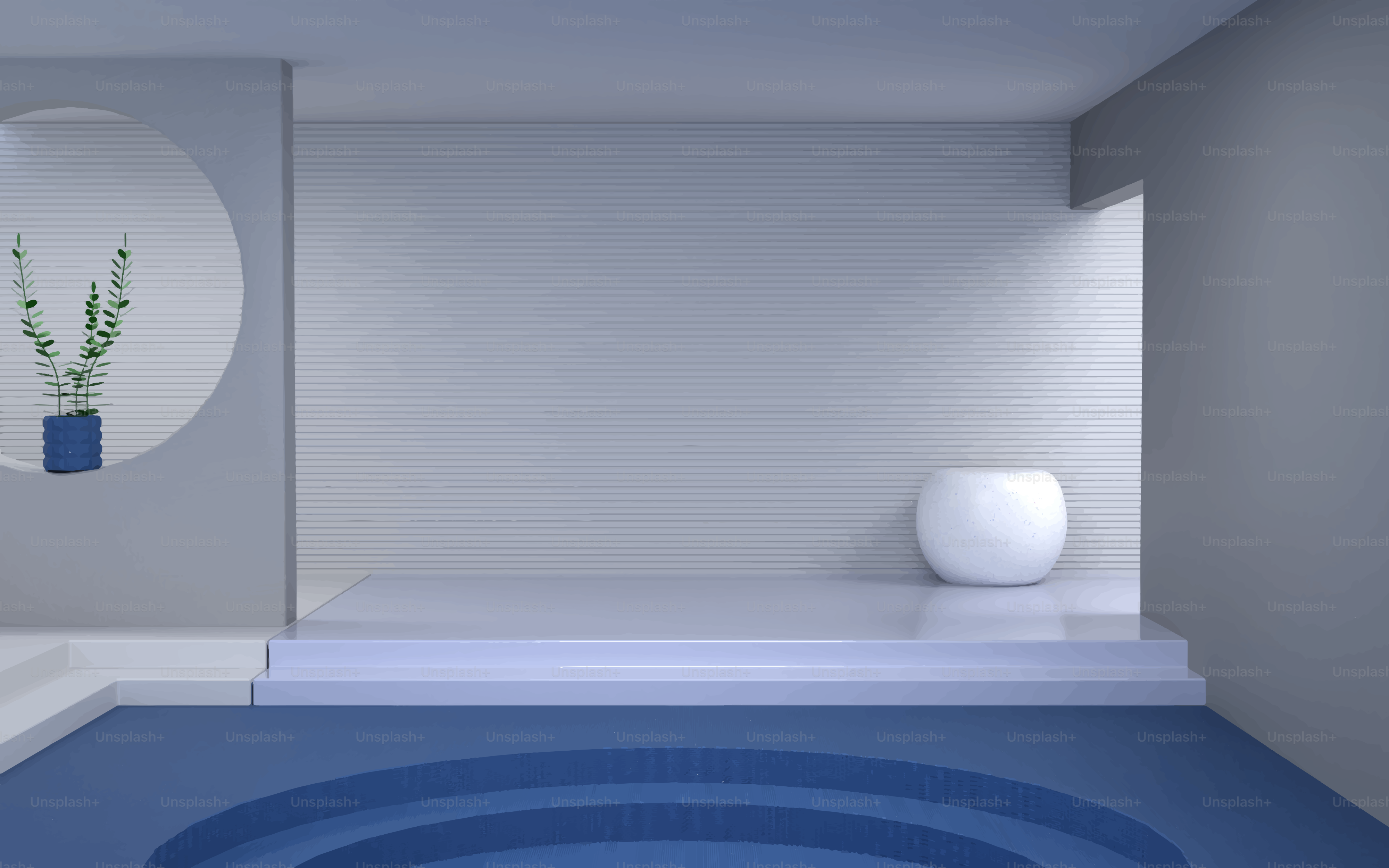 Modern interior with blue water feature and white vase