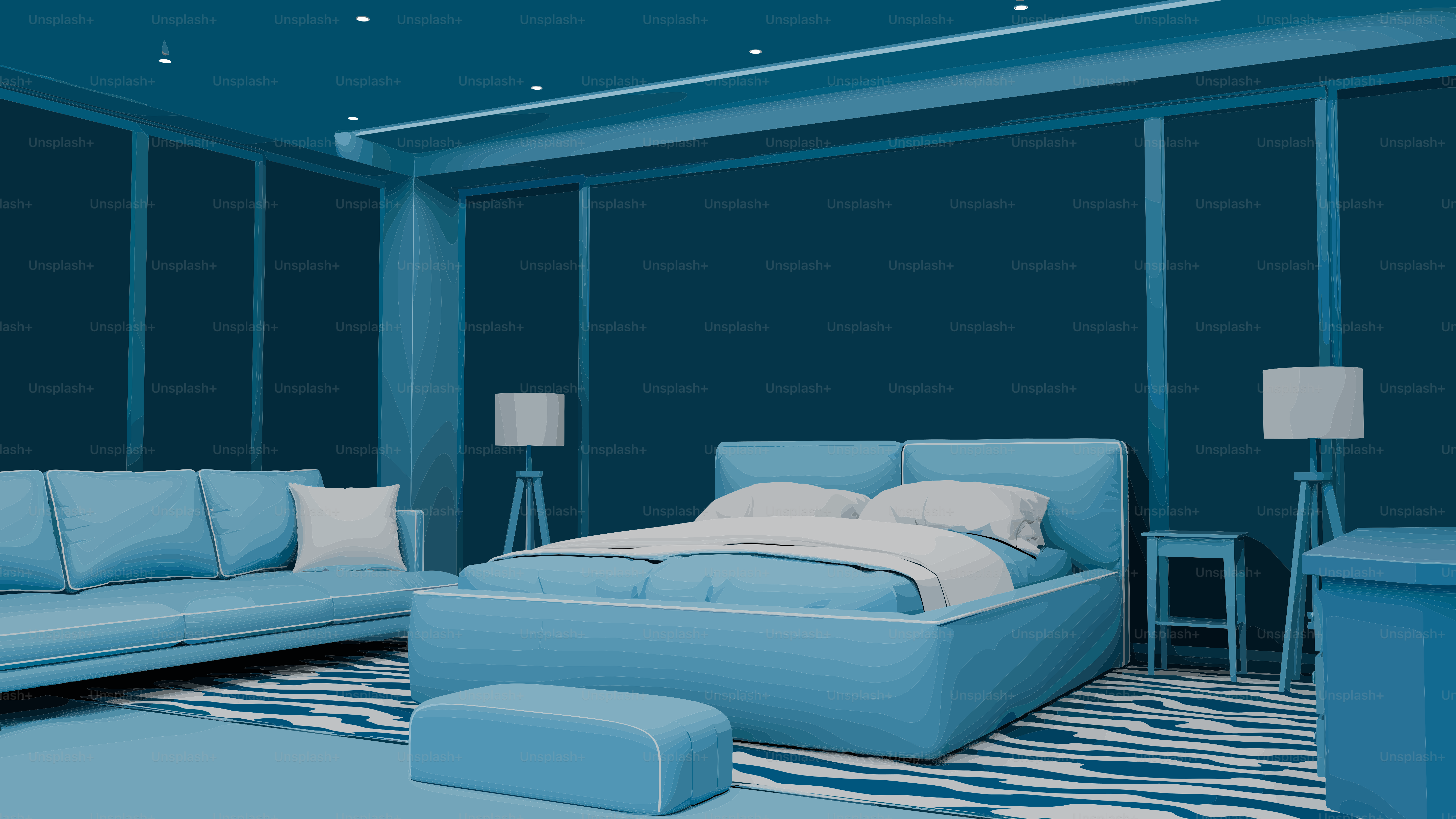 Kamar tidur modern dengan tempat tidur dan sofa.