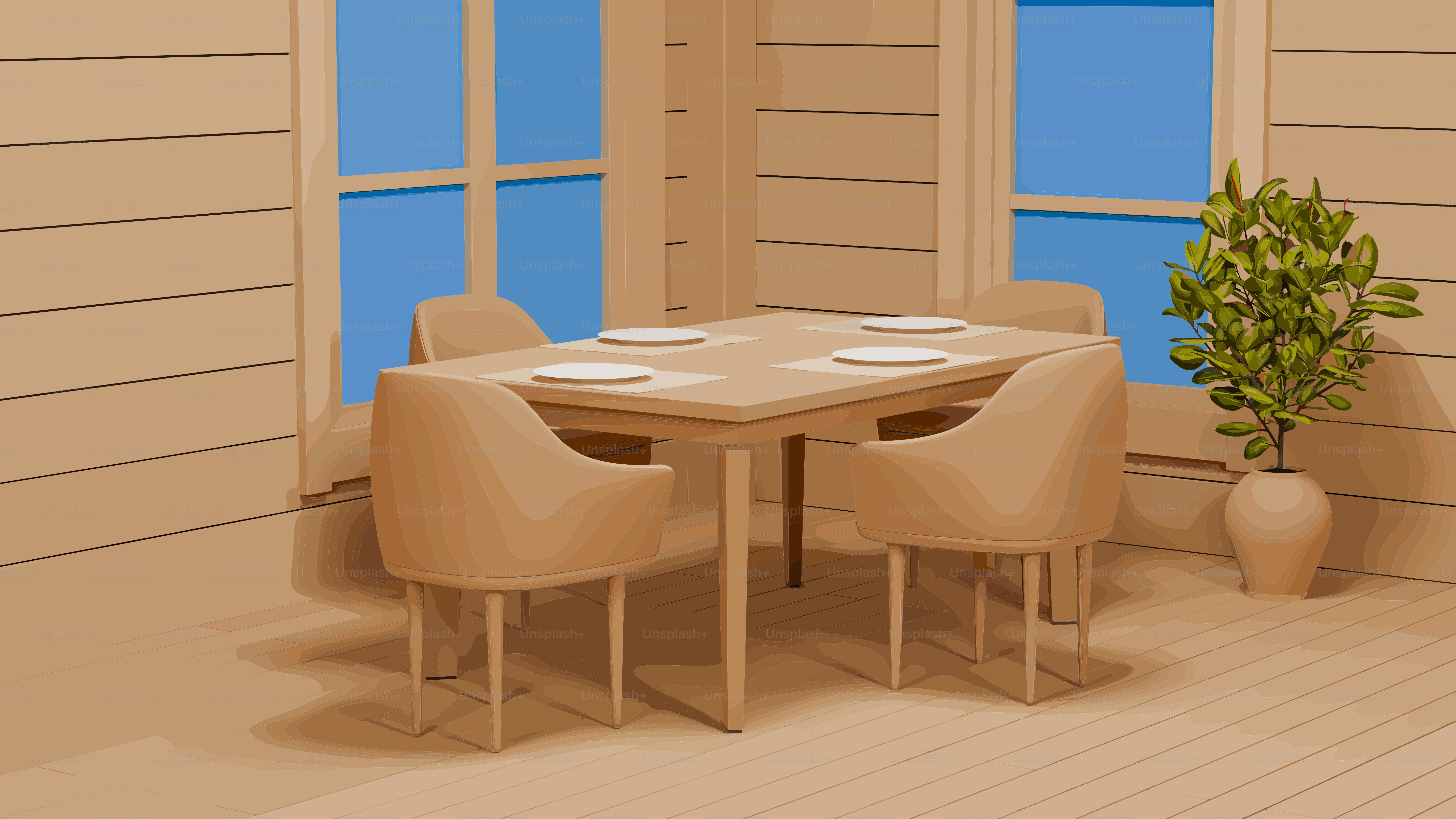 Table à manger avec quatre chaises et couverts.