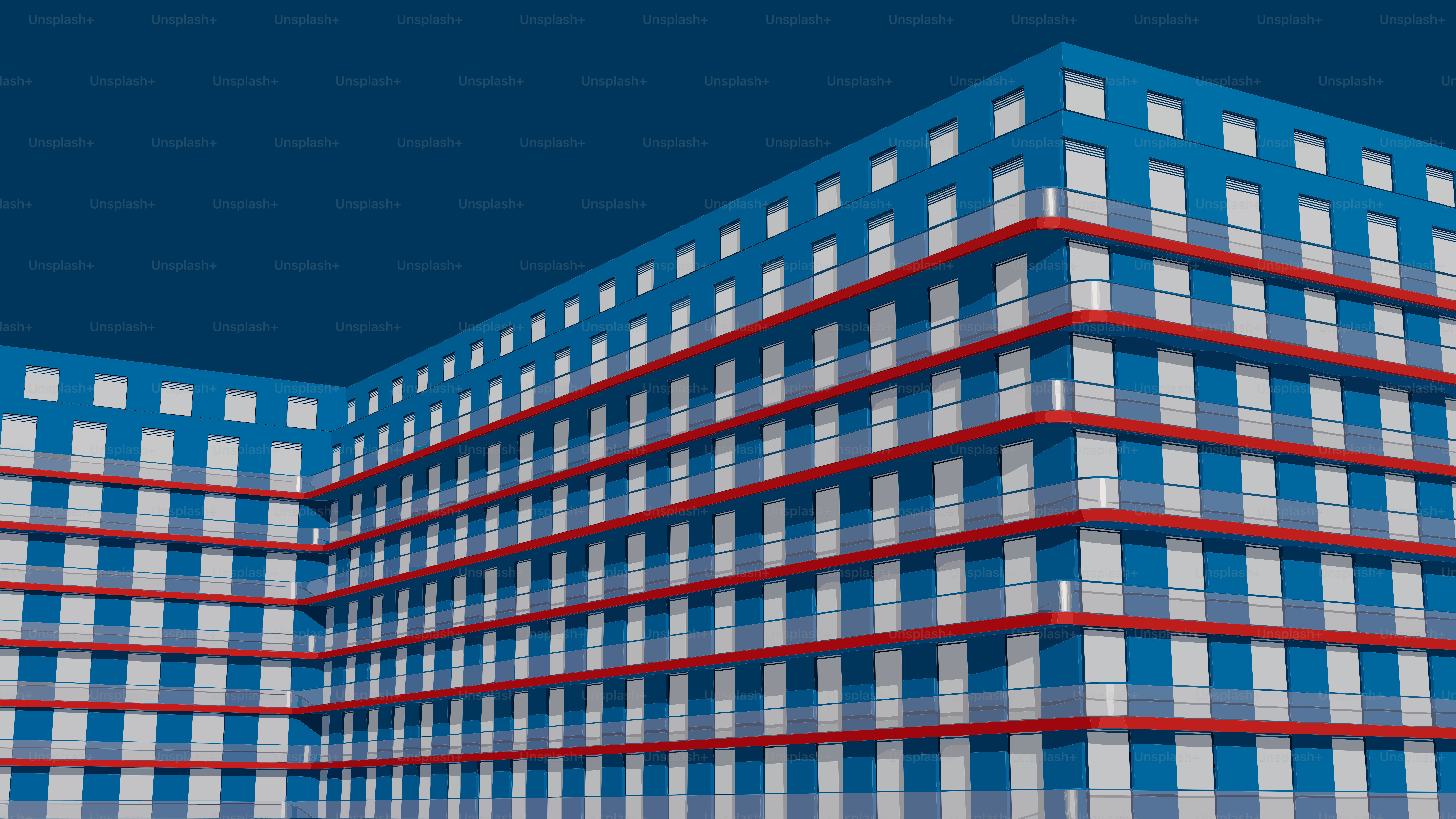 Modernes blau-weißes Gebäude mit roten Akzenten