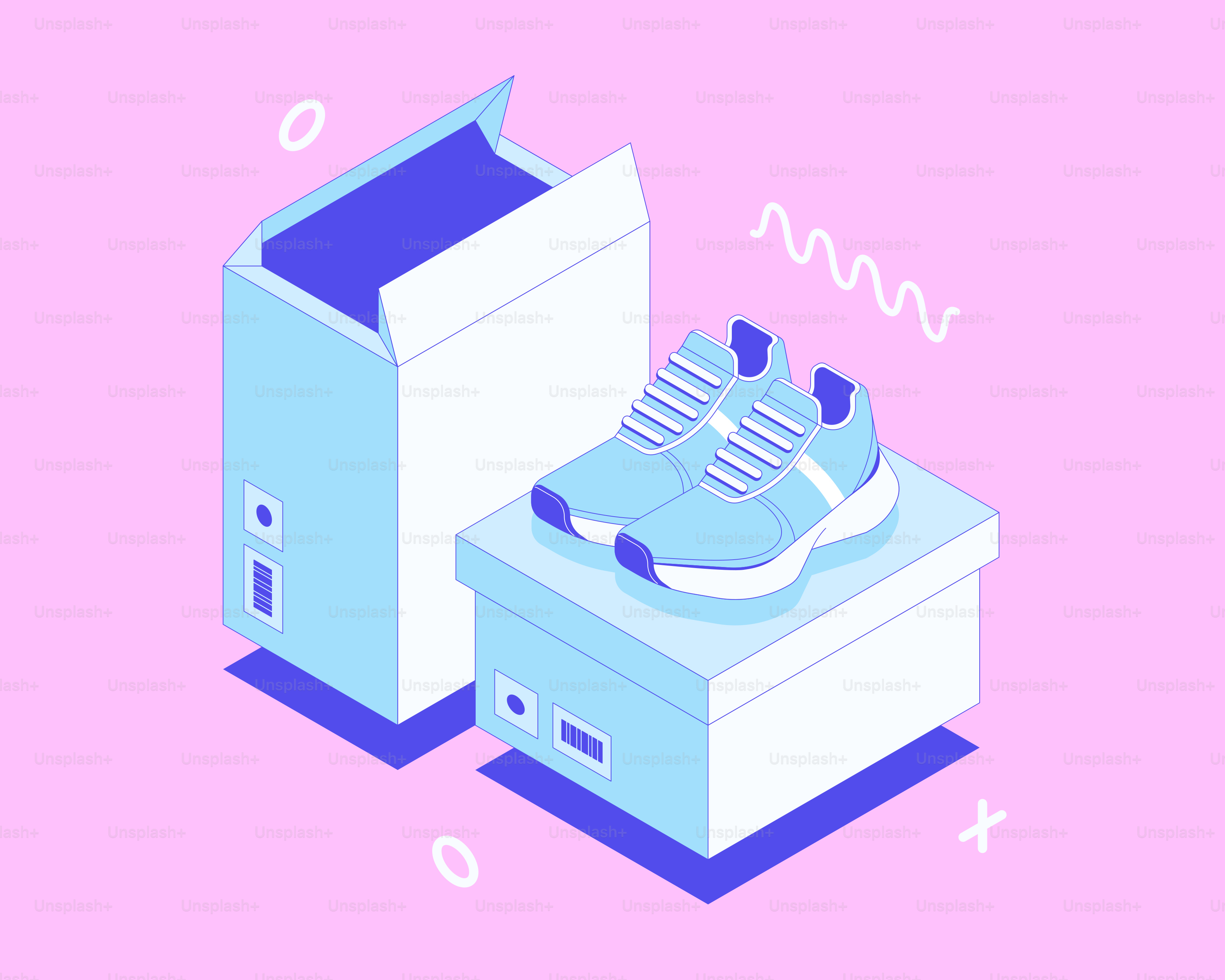 Baskets bleu clair dans une boîte sur fond rose