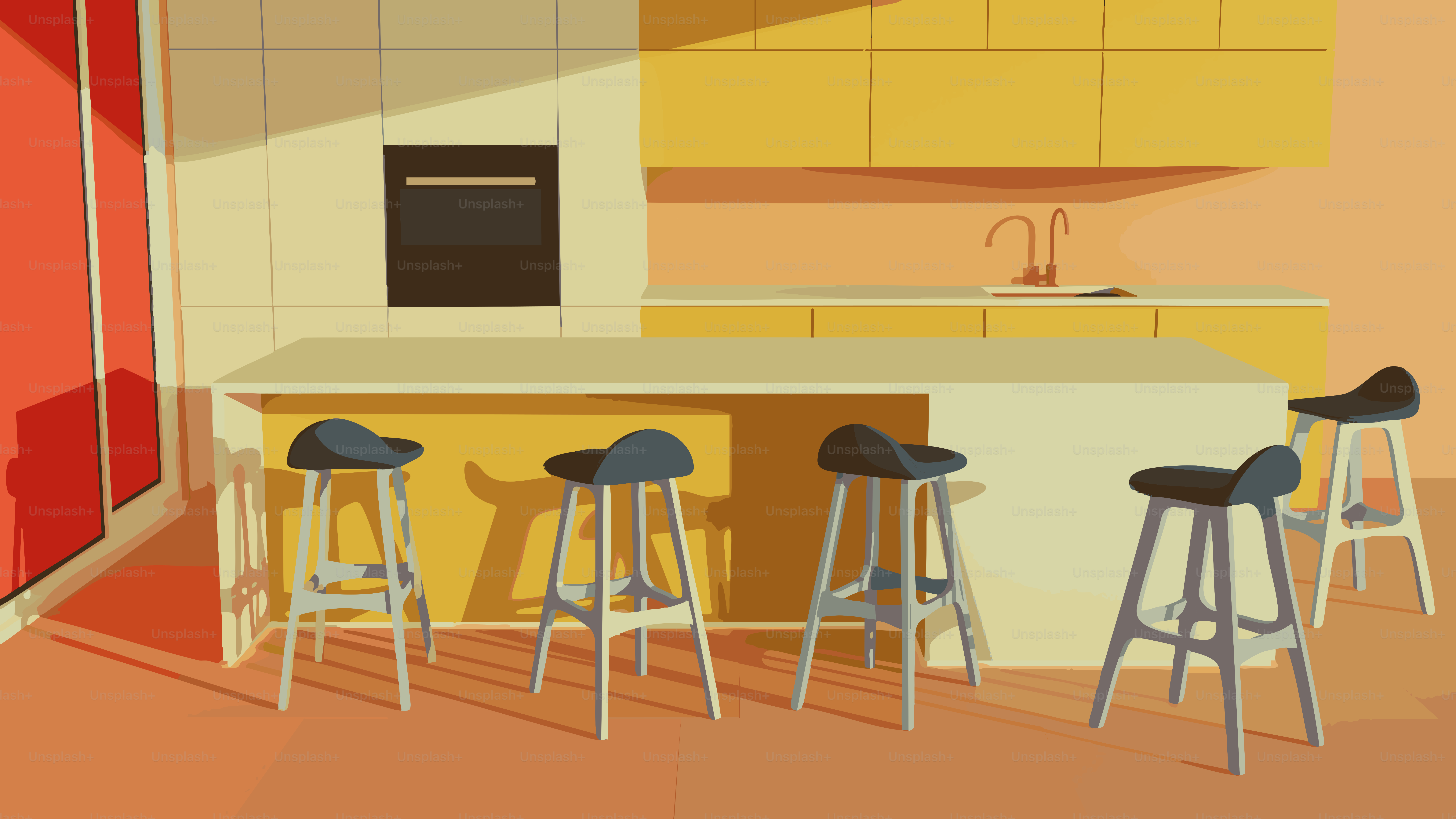 バースツールとオーブンを備えたモダンなアイランドキッチン。