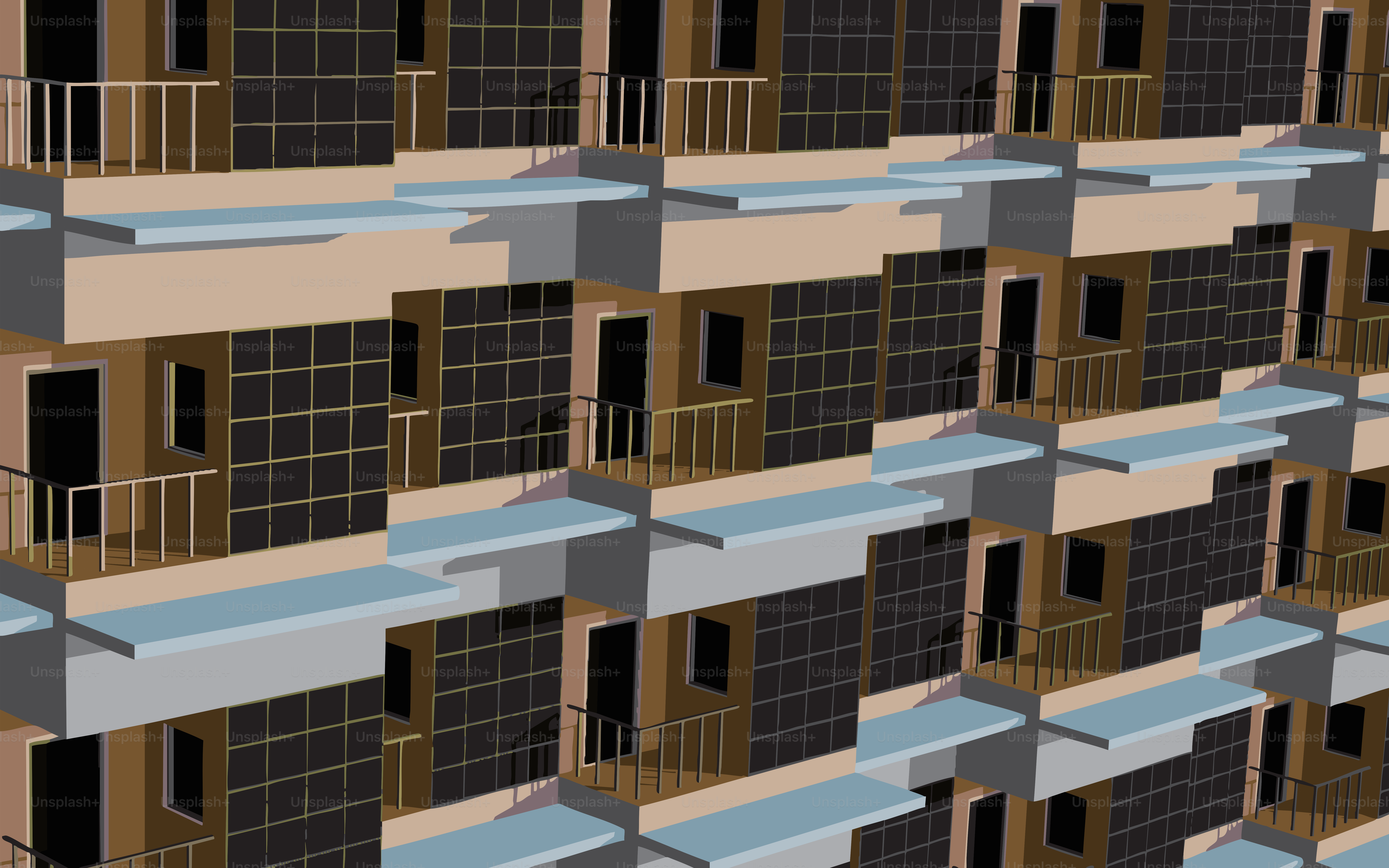 バルコニー付きの同一型のアパートが並ぶ