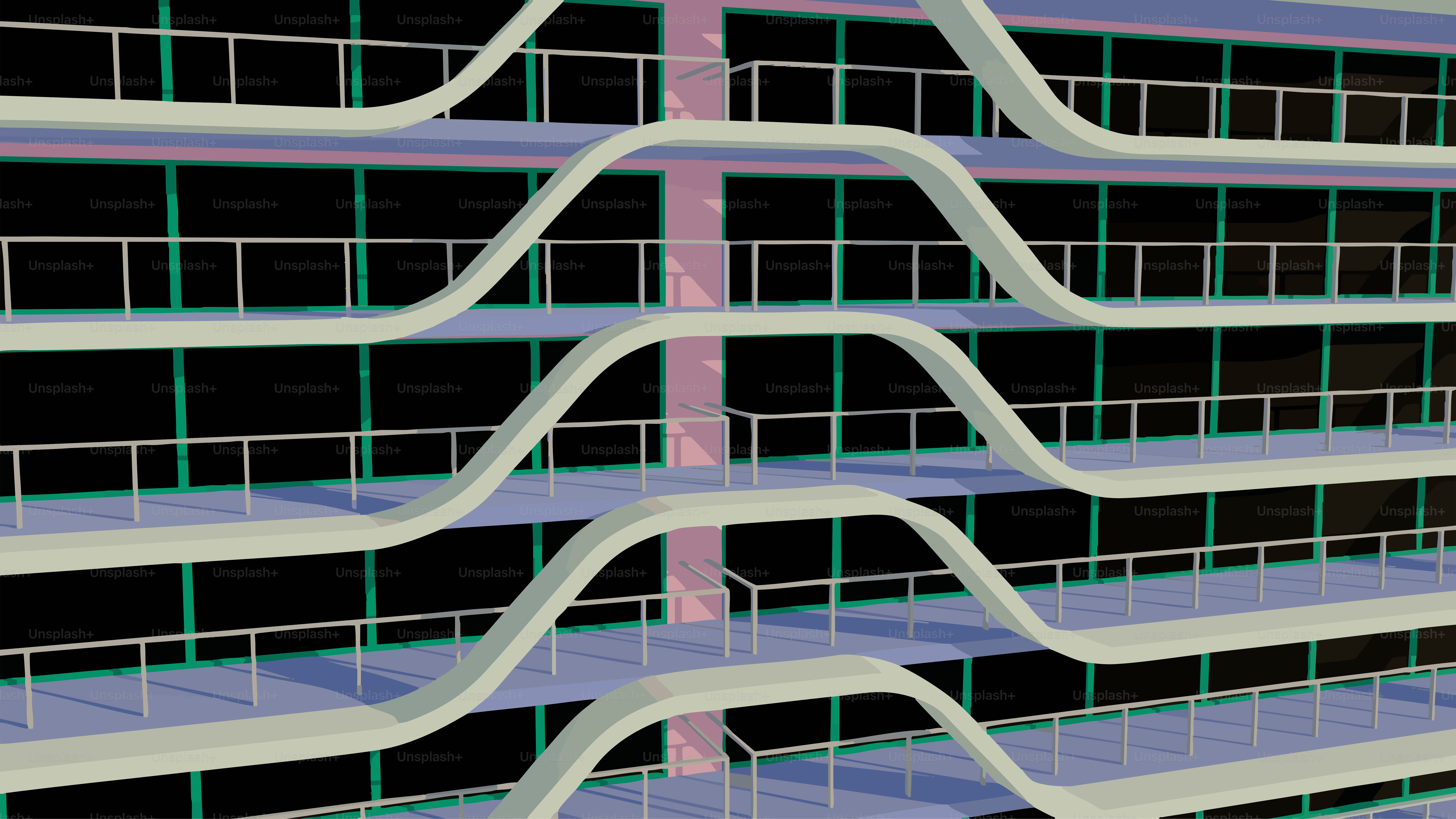 湾曲したバルコニーと手すりを備えたモダンな建物