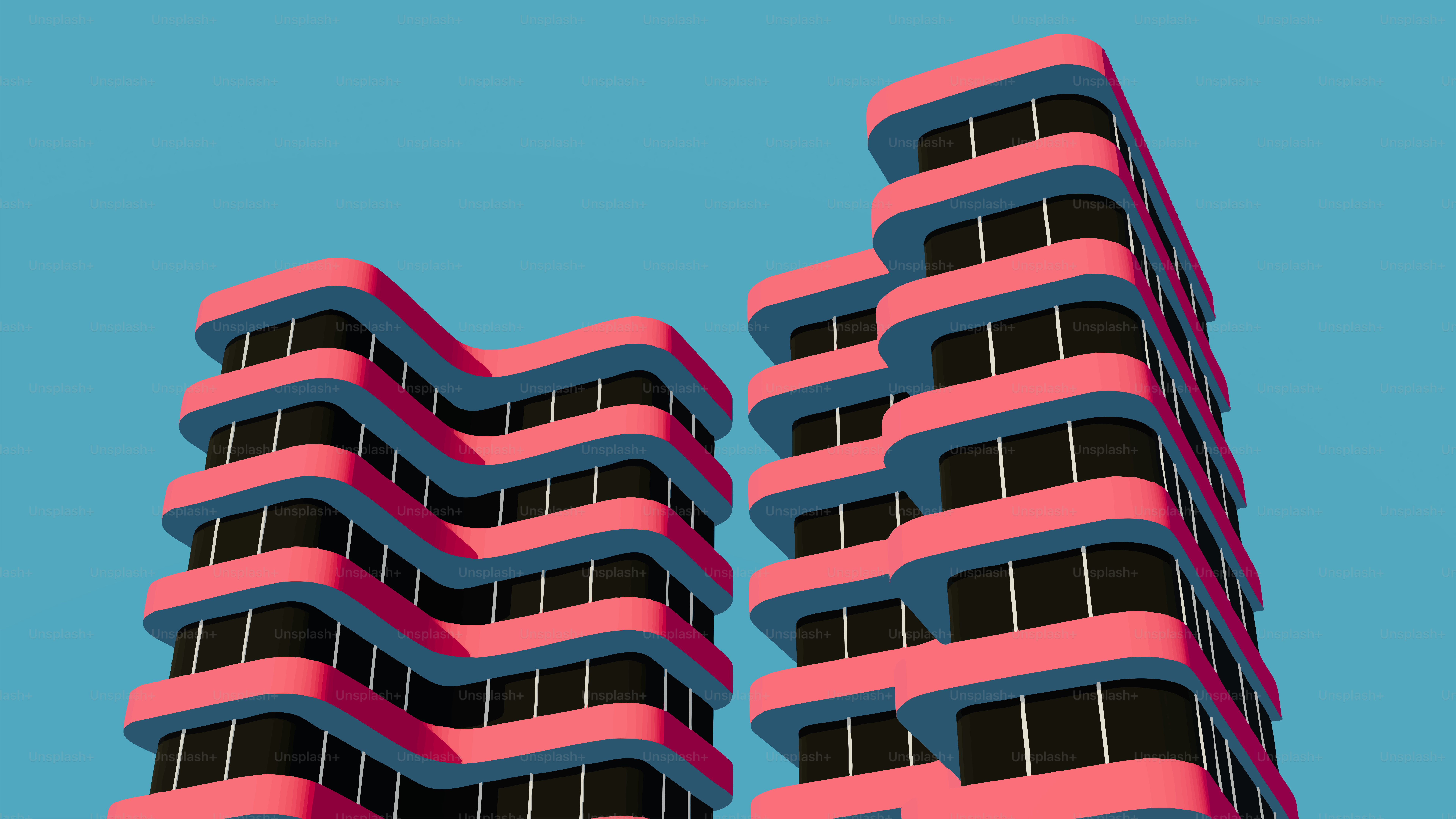 Deux bâtiments modernes aux façades ondulées roses.