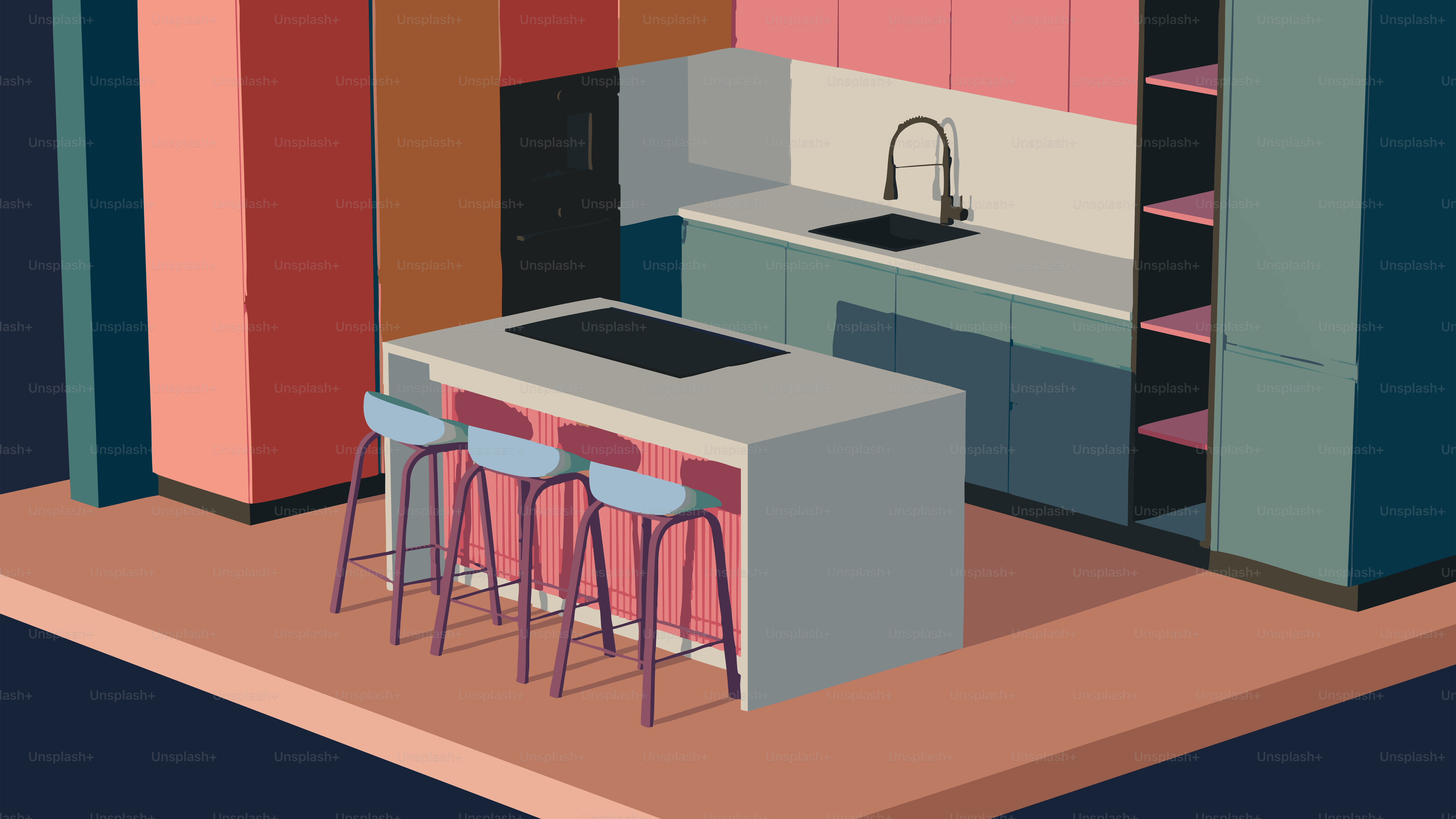 アイランドスツールとバースツールを備えたモダンなキッチン