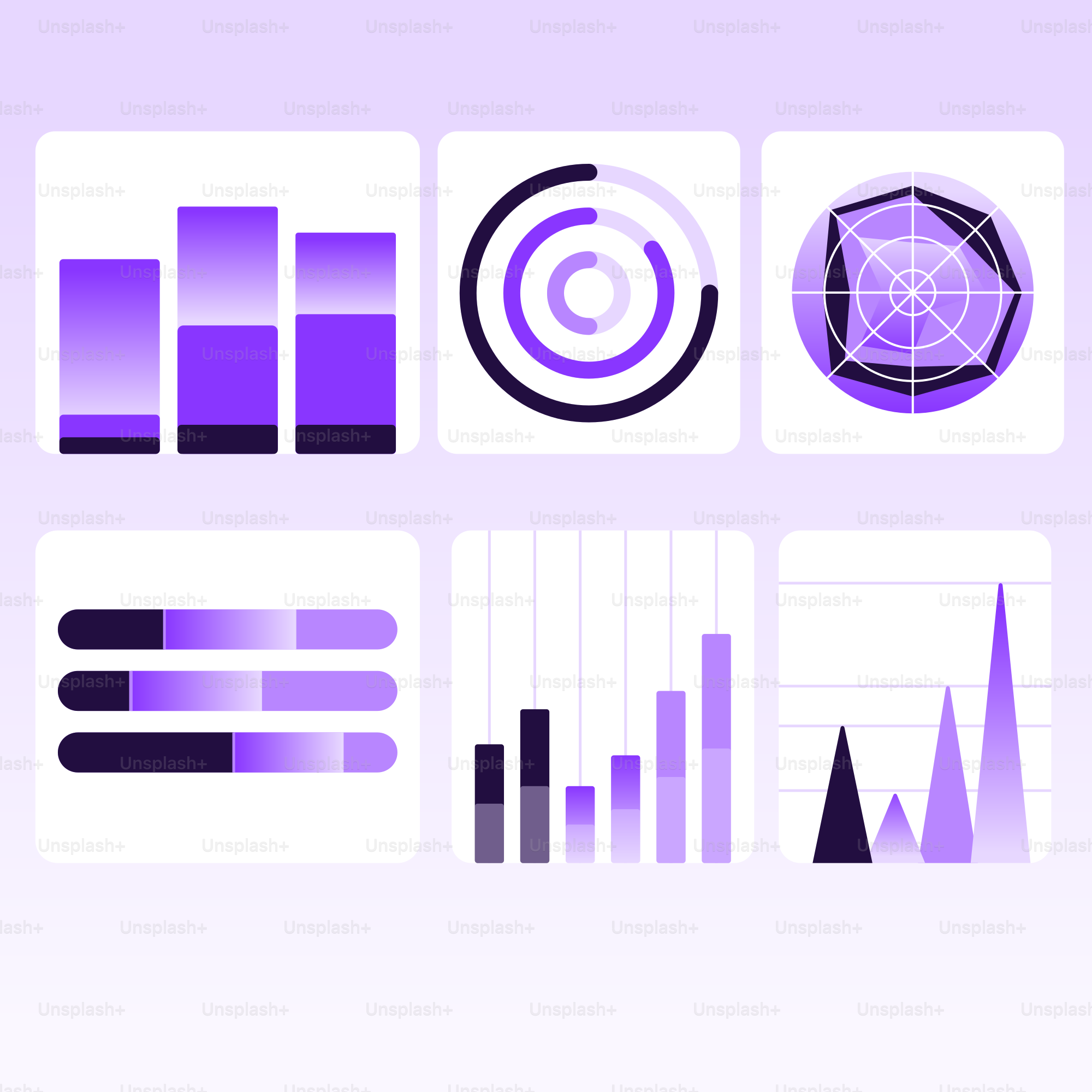 Six types différents de tableaux de données violets.