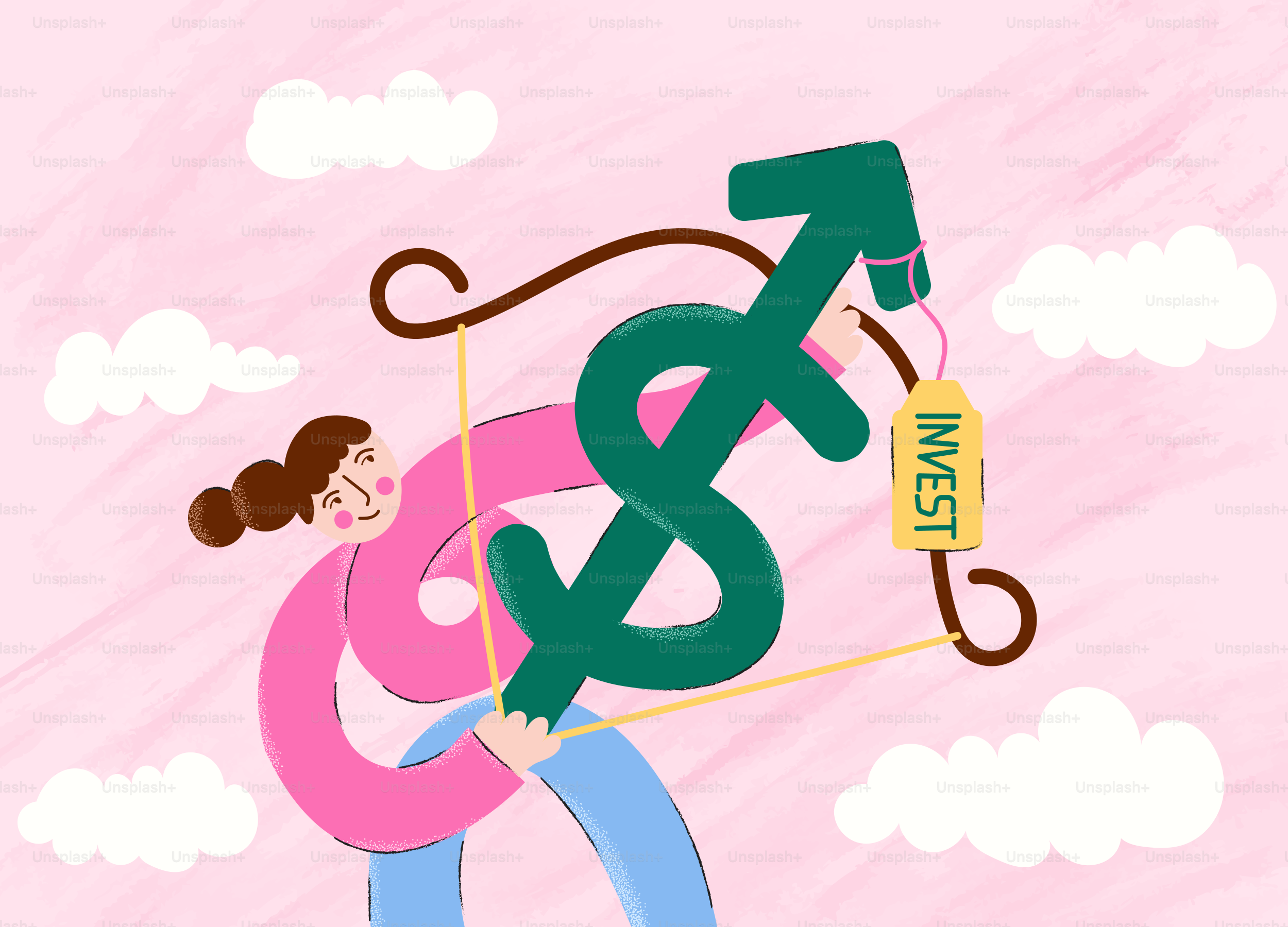 하늘을 향해 달러 기호 화살표를 조준하는 여자