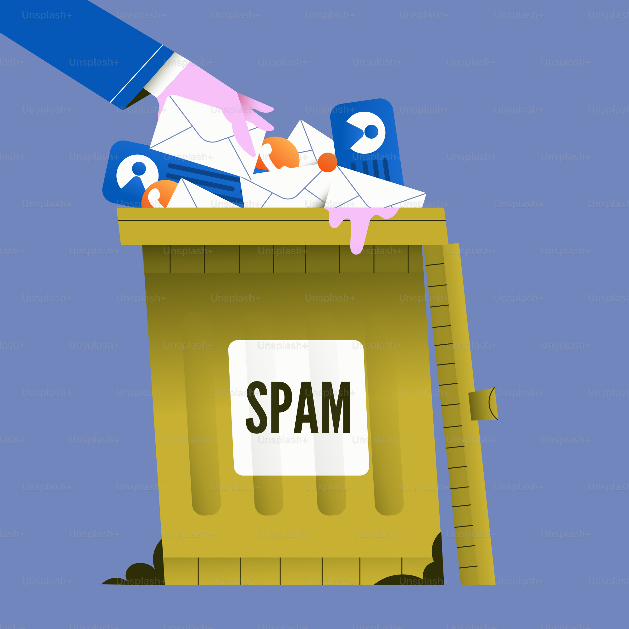 Spam-E-Mails in einen gelben Mülleimer werfen.