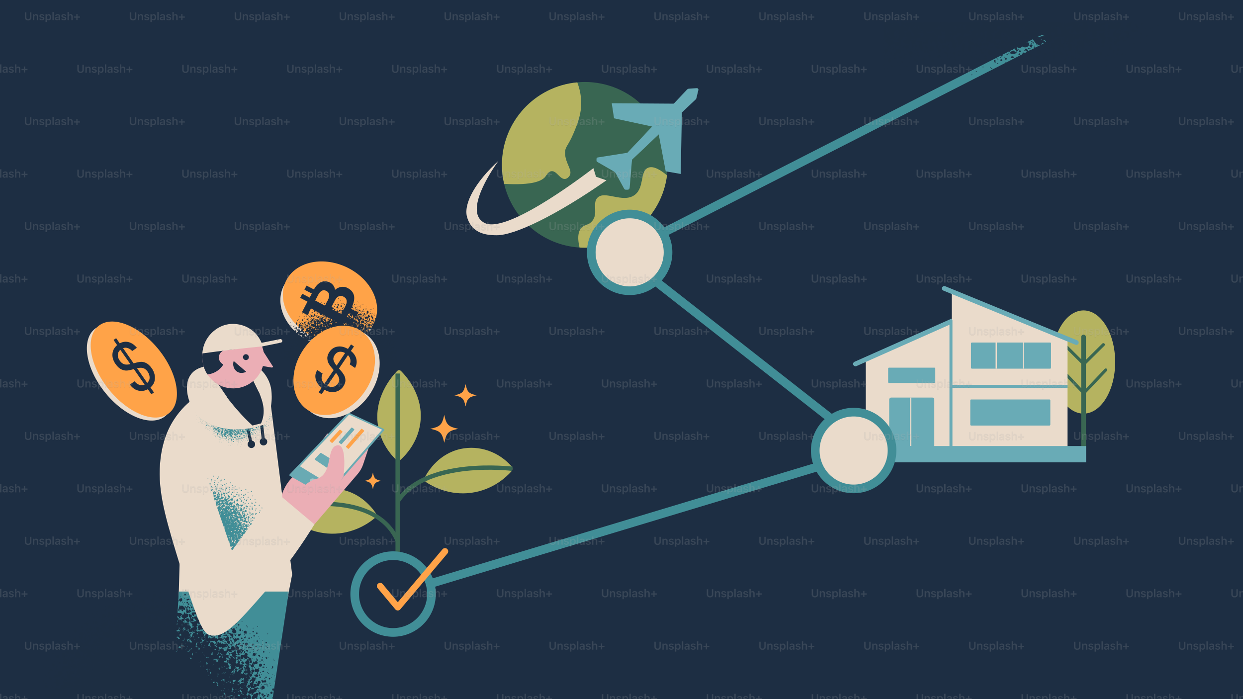 Person with cryptocurrency, plant, and travel icons.