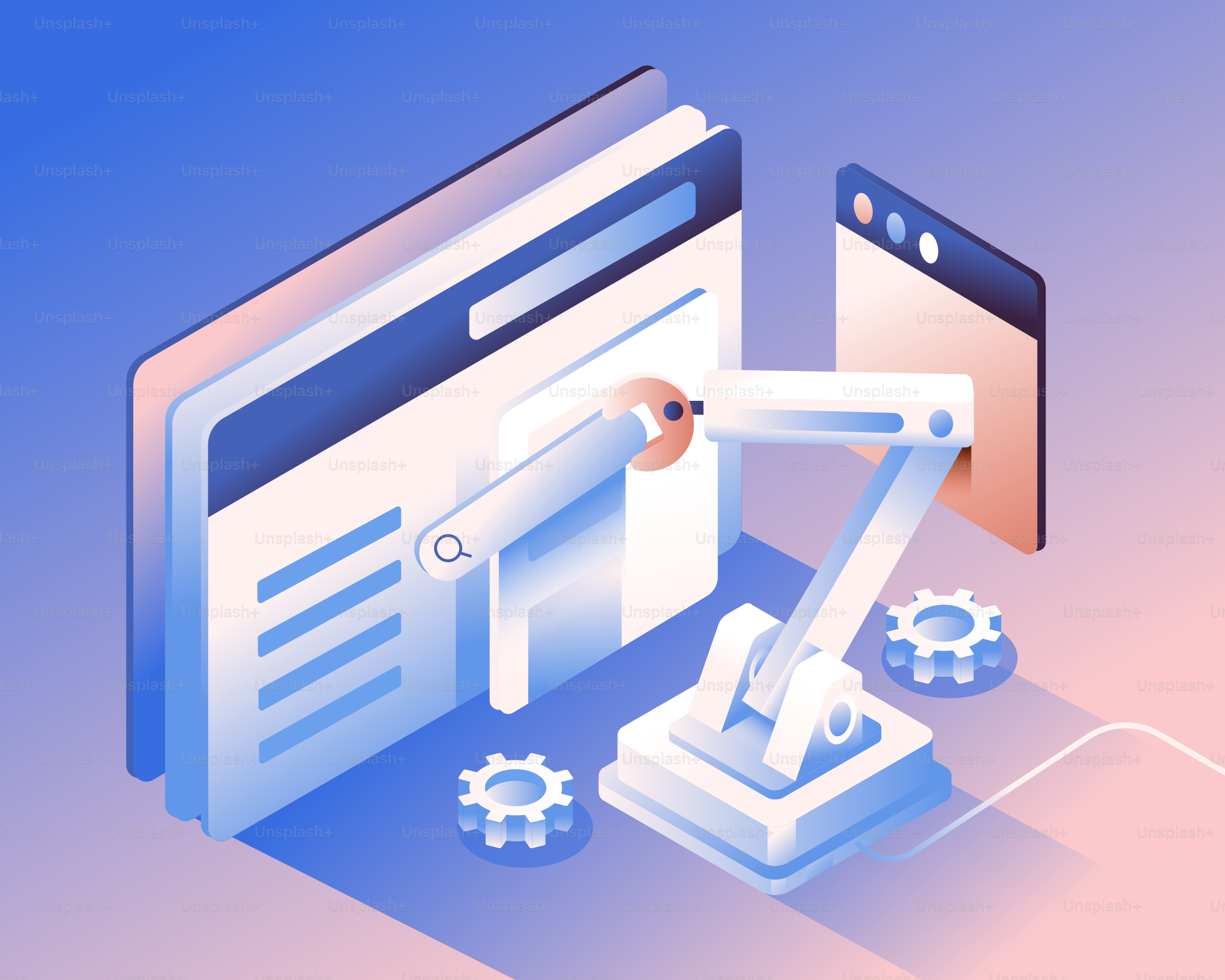 Robotic arm interacting with digital interface and mechanical elements.