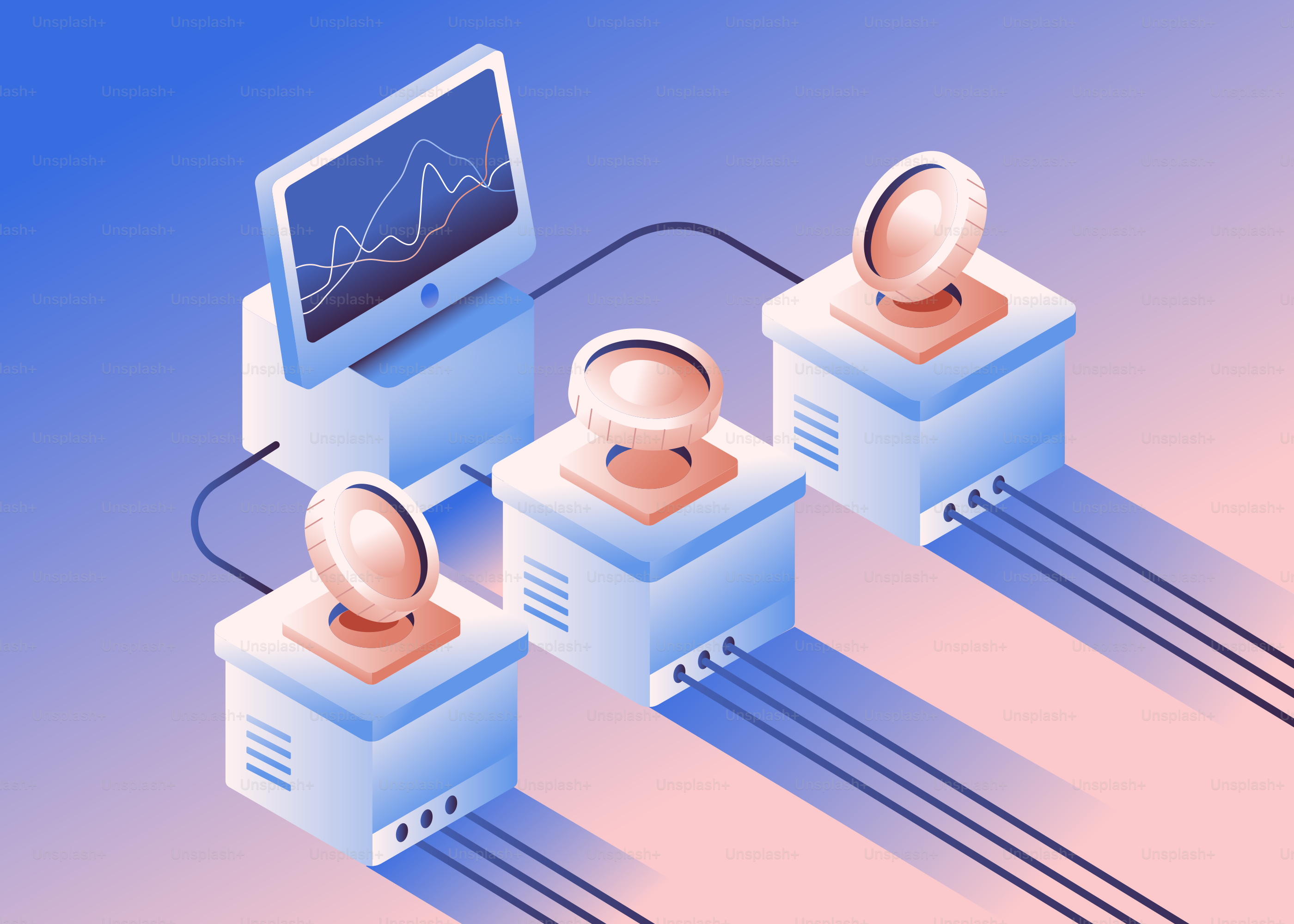 Digital currency network with computer and coins.