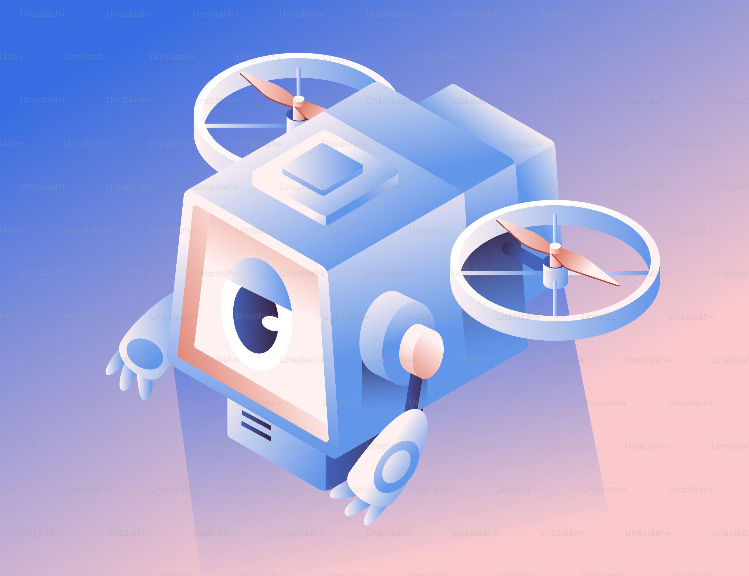 A blue robot with propellers and a screen face.