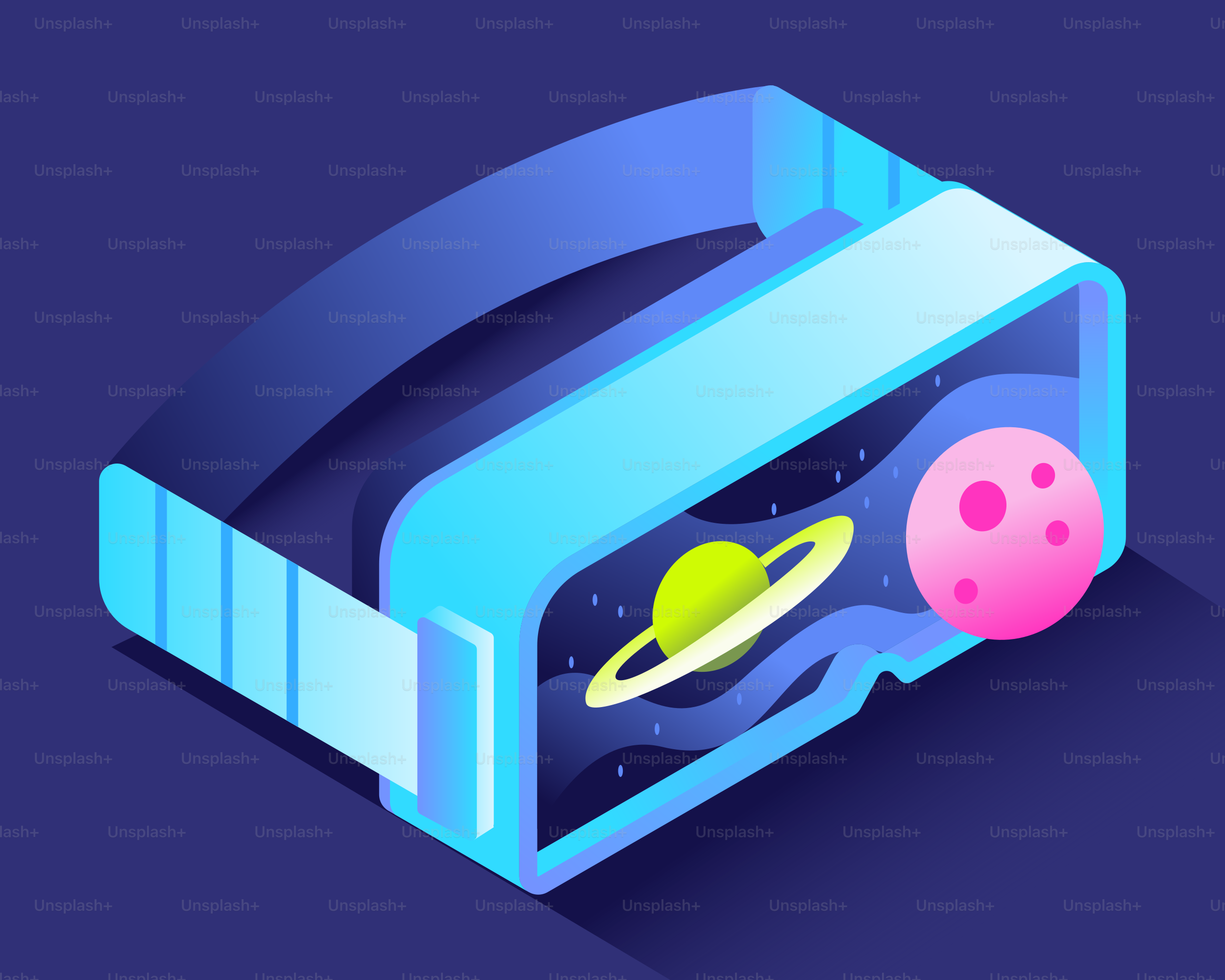 Virtual reality headset displaying a colorful galaxy scene.