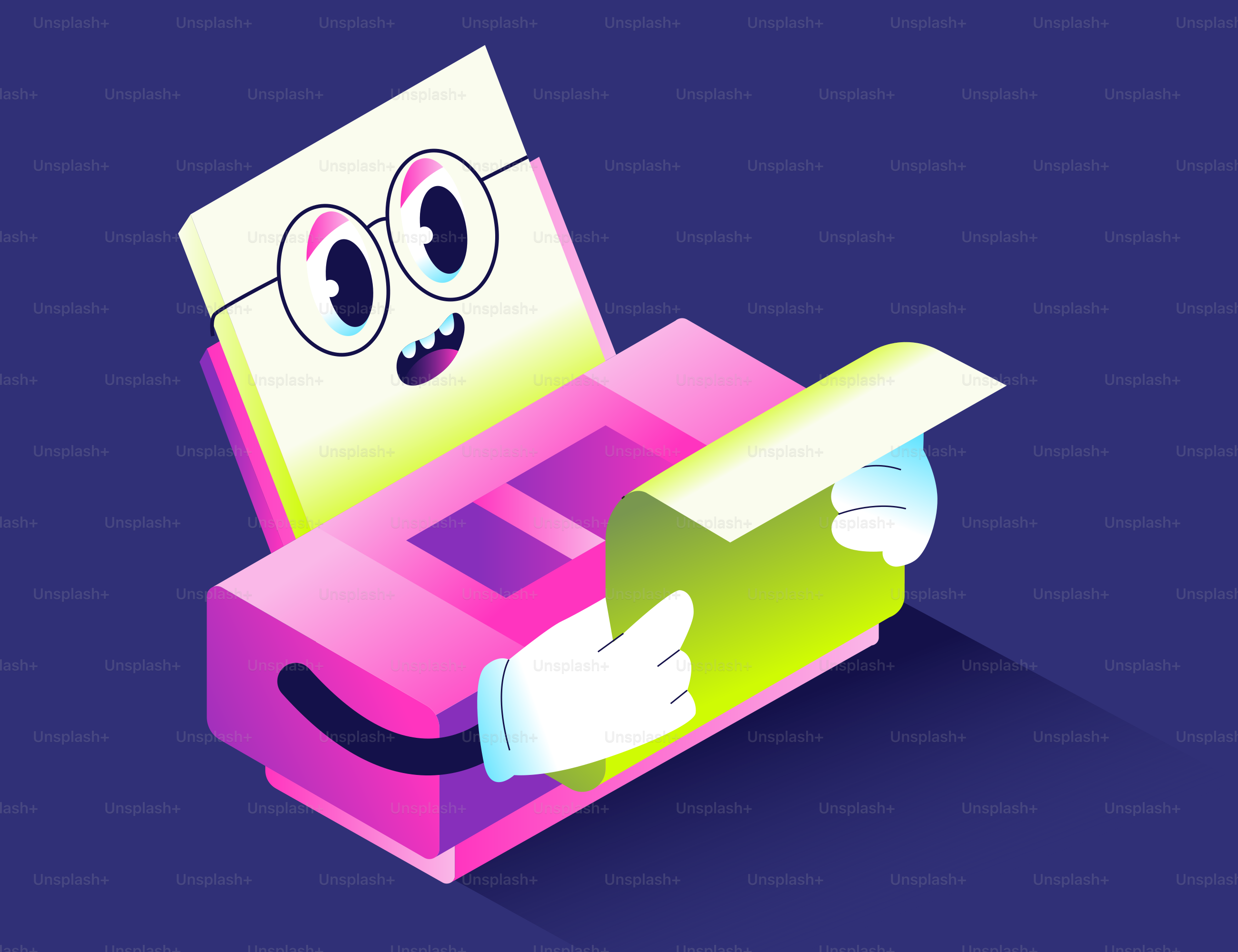 Cartoon printer with glasses reads a document