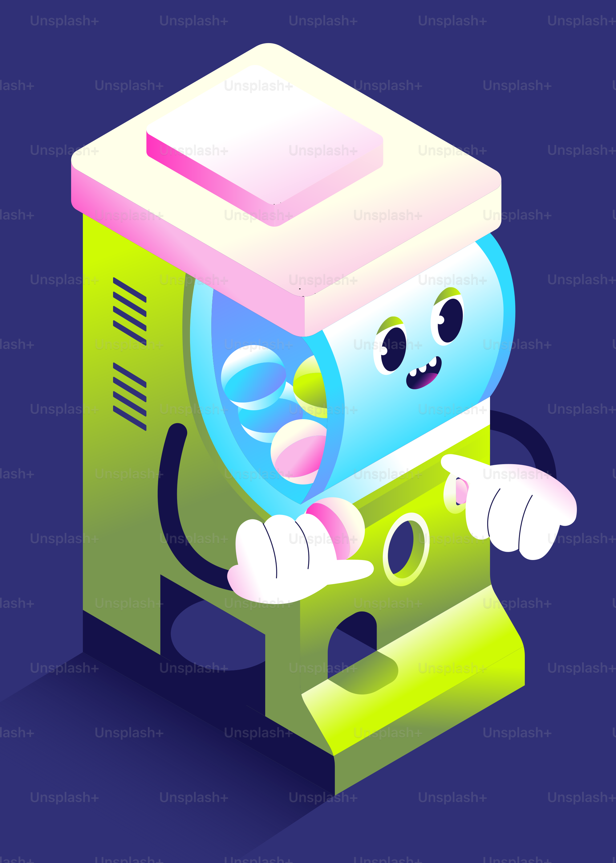 A cartoon gumball machine with a face.