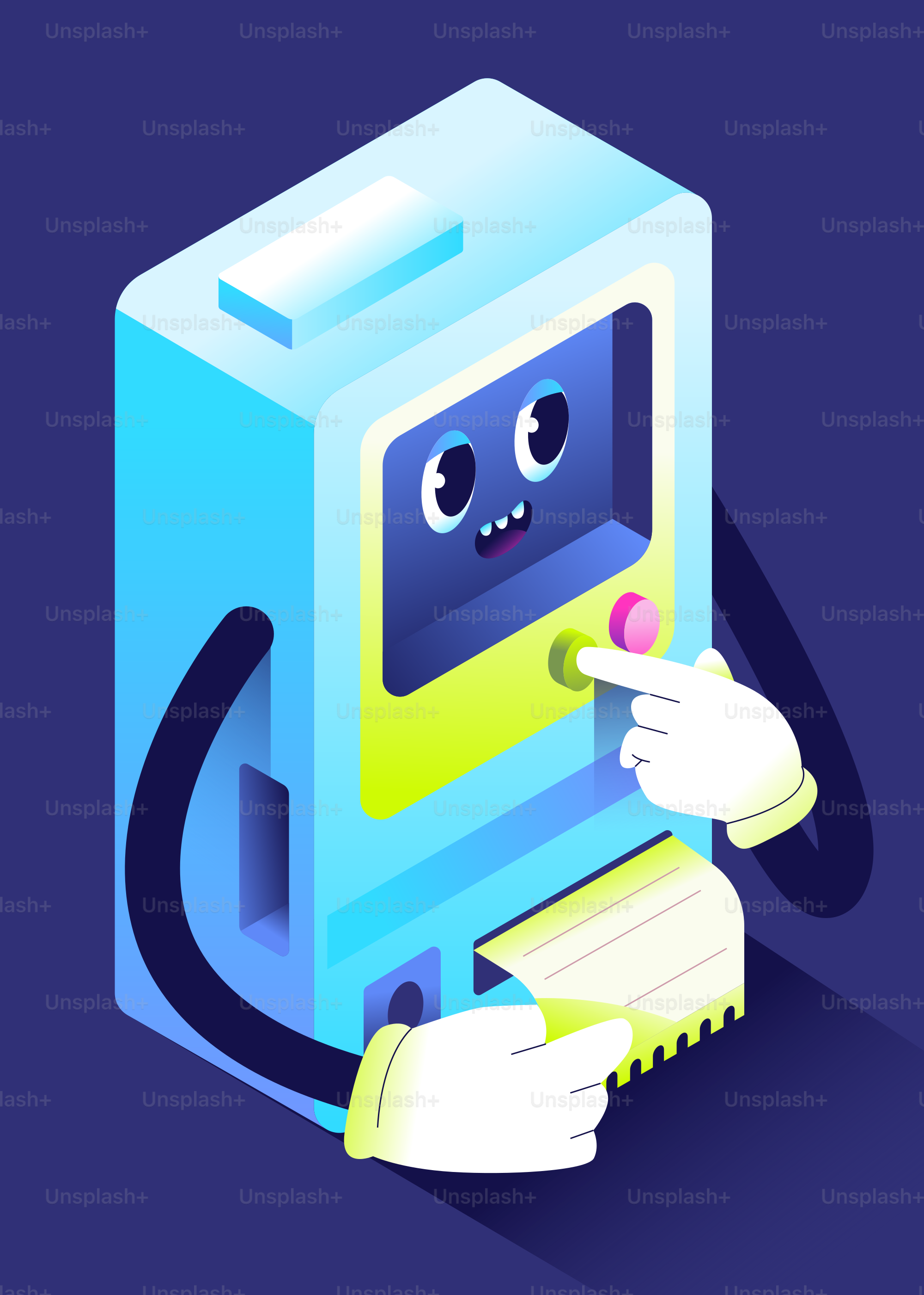 Cartoon vending machine with a happy face pressing button.