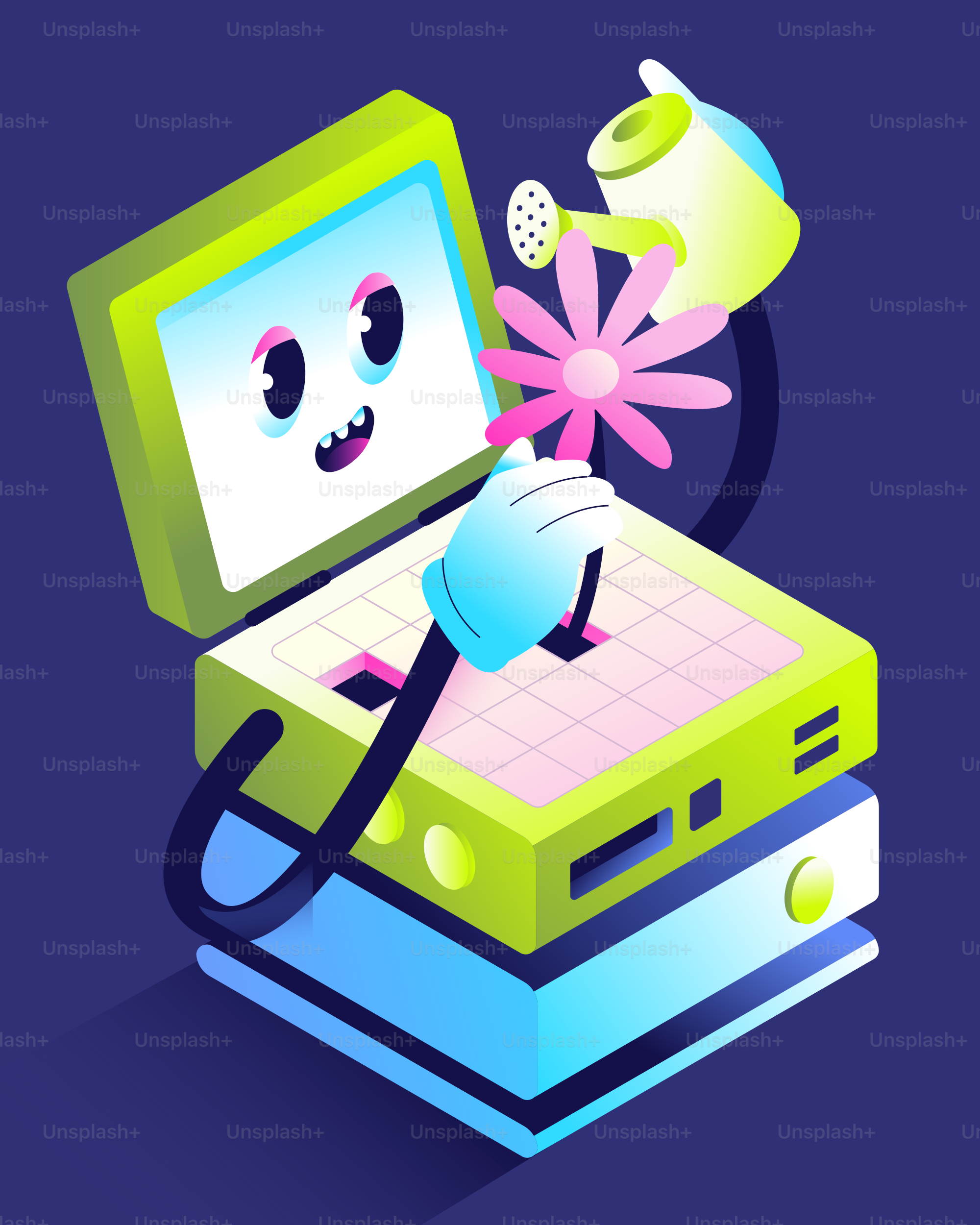 Cartoon computer watering a flower with a watering can.