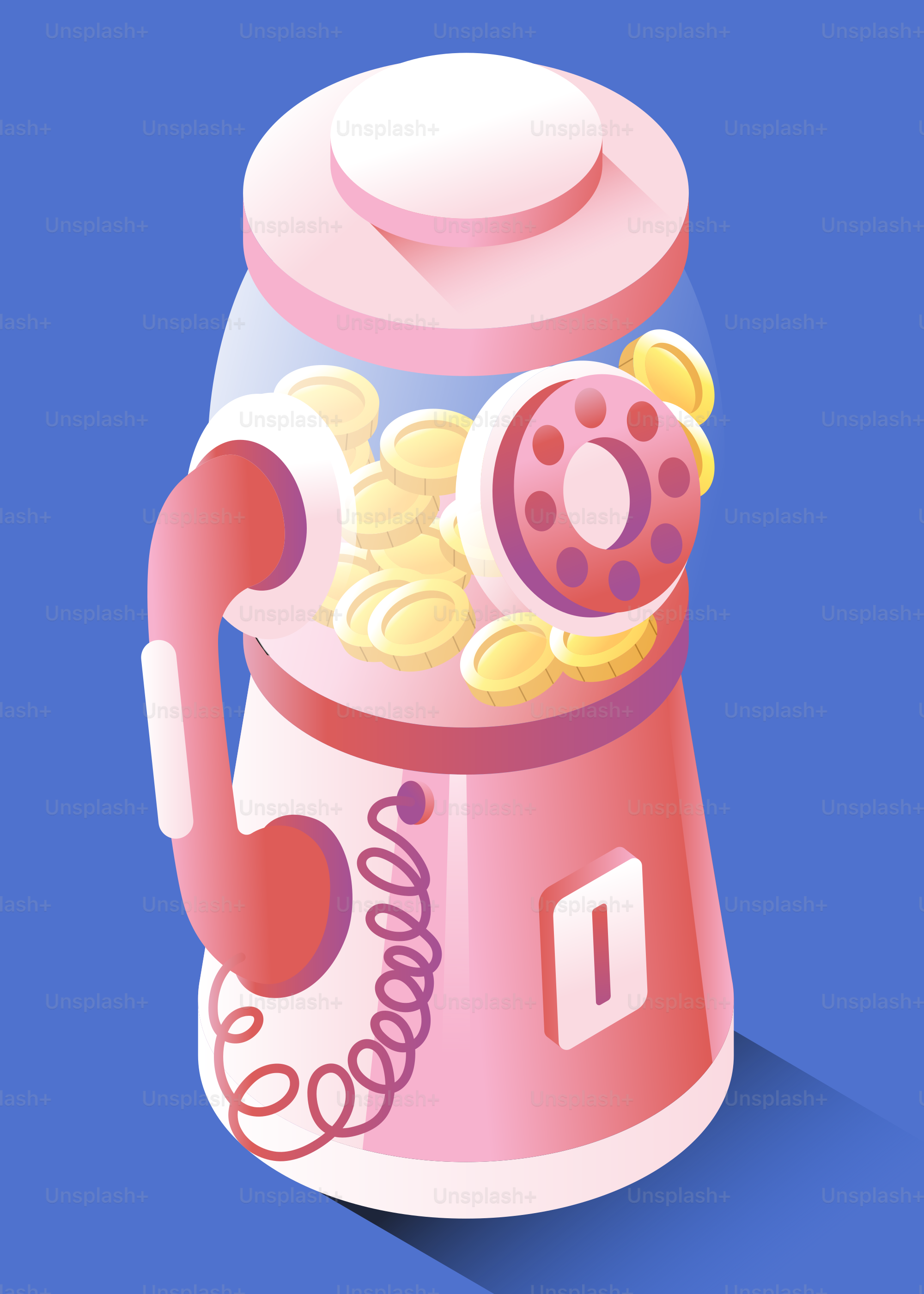 Gumball machine filled with coins and a phone receiver