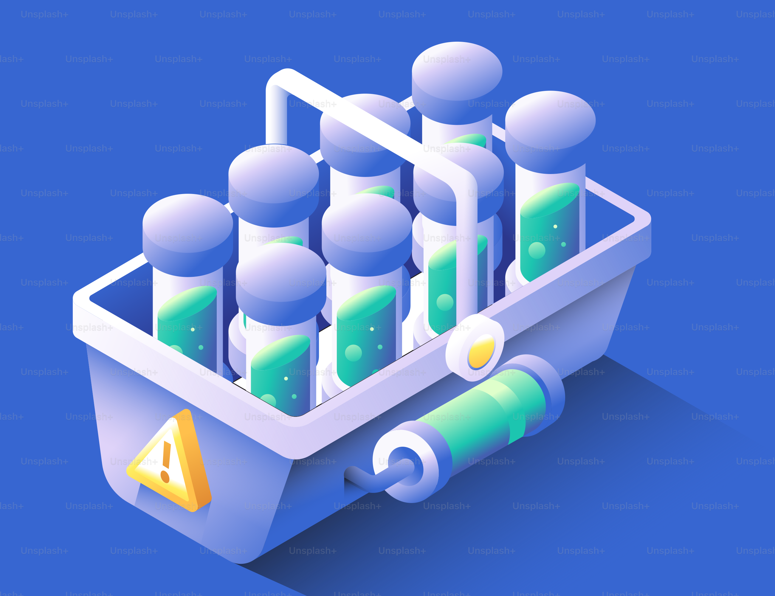 Rack of test tubes with green liquid and hazard symbol