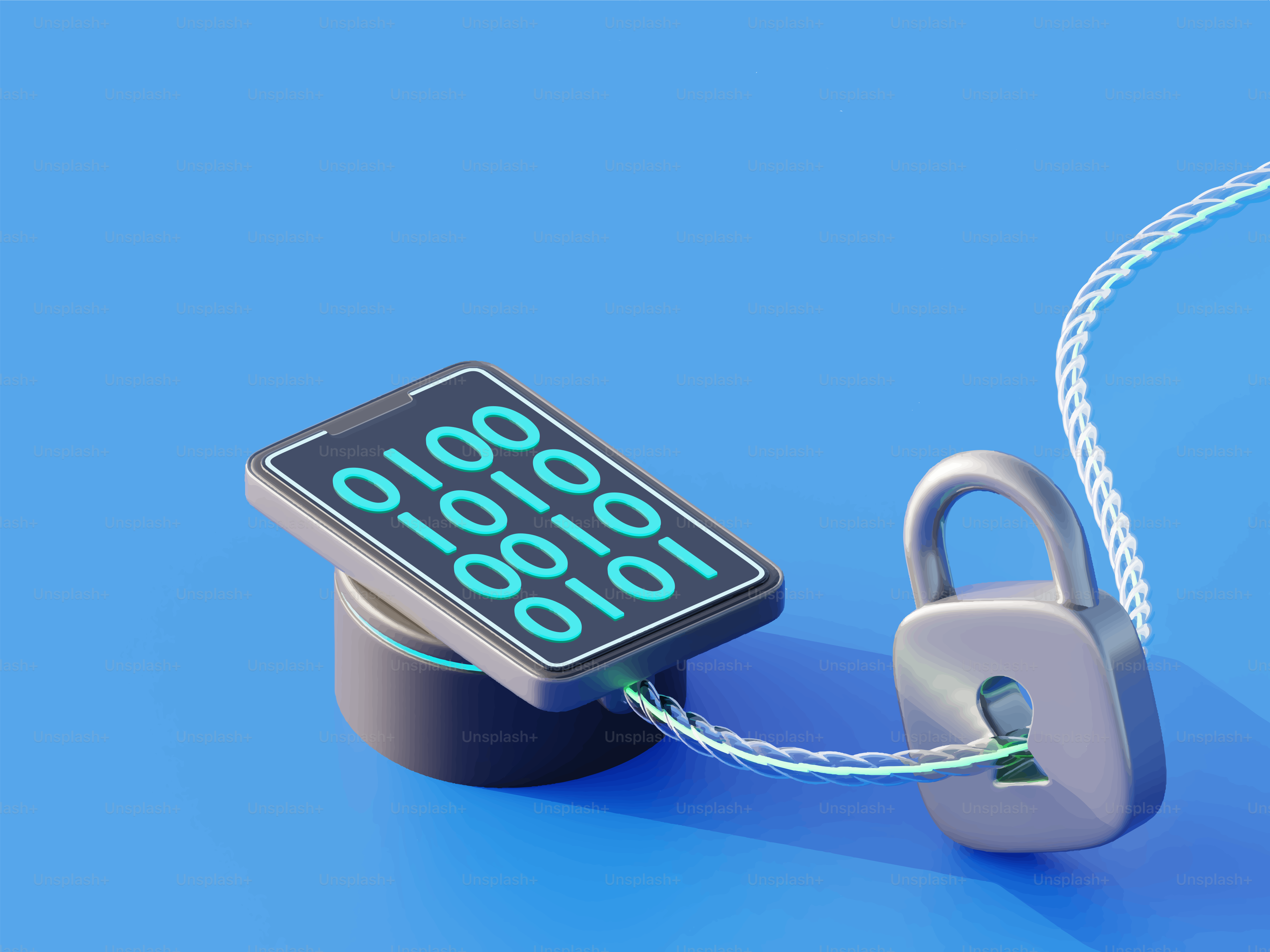 Smartphone displaying binary code connected to a padlock
