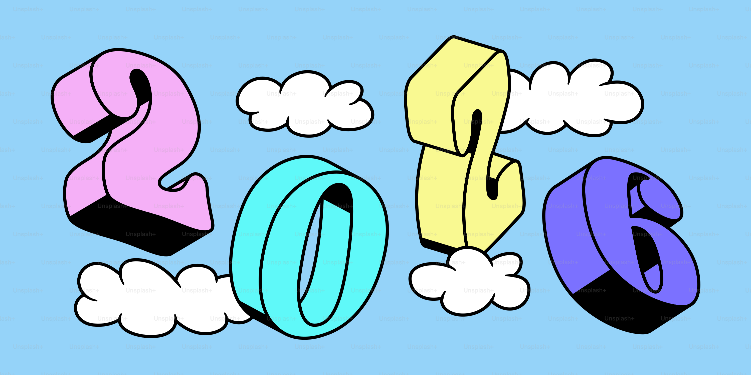 3次元数字2036は漫画の雲の間に浮かんでいます