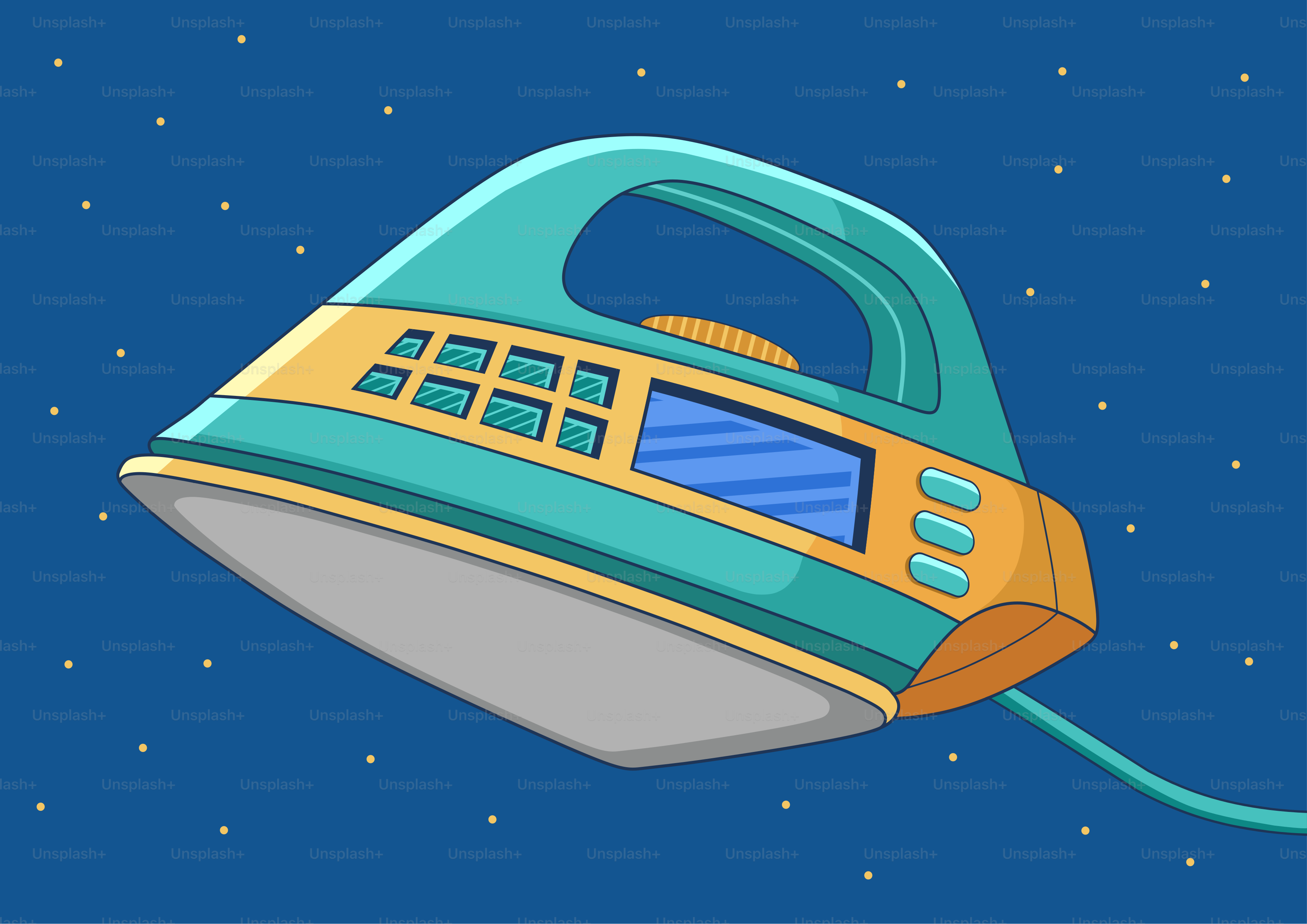 A teal and yellow iron against a dark blue background.