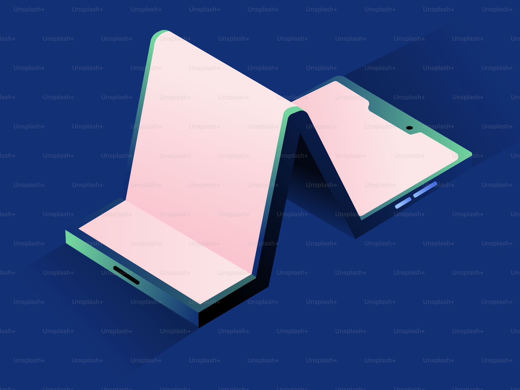 A futuristic foldable smartphone on a dark blue background