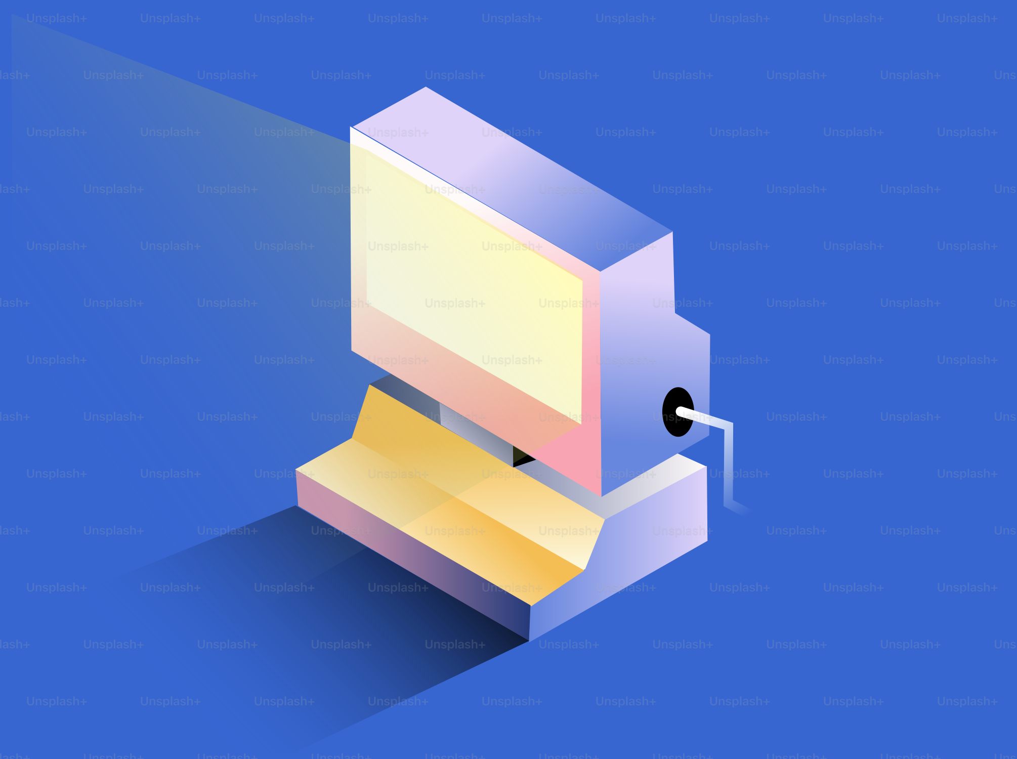 Retro computer with a glowing screen on blue.