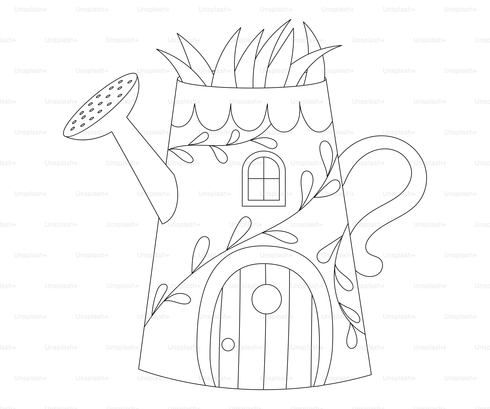 Whimsical watering can house with a door and window