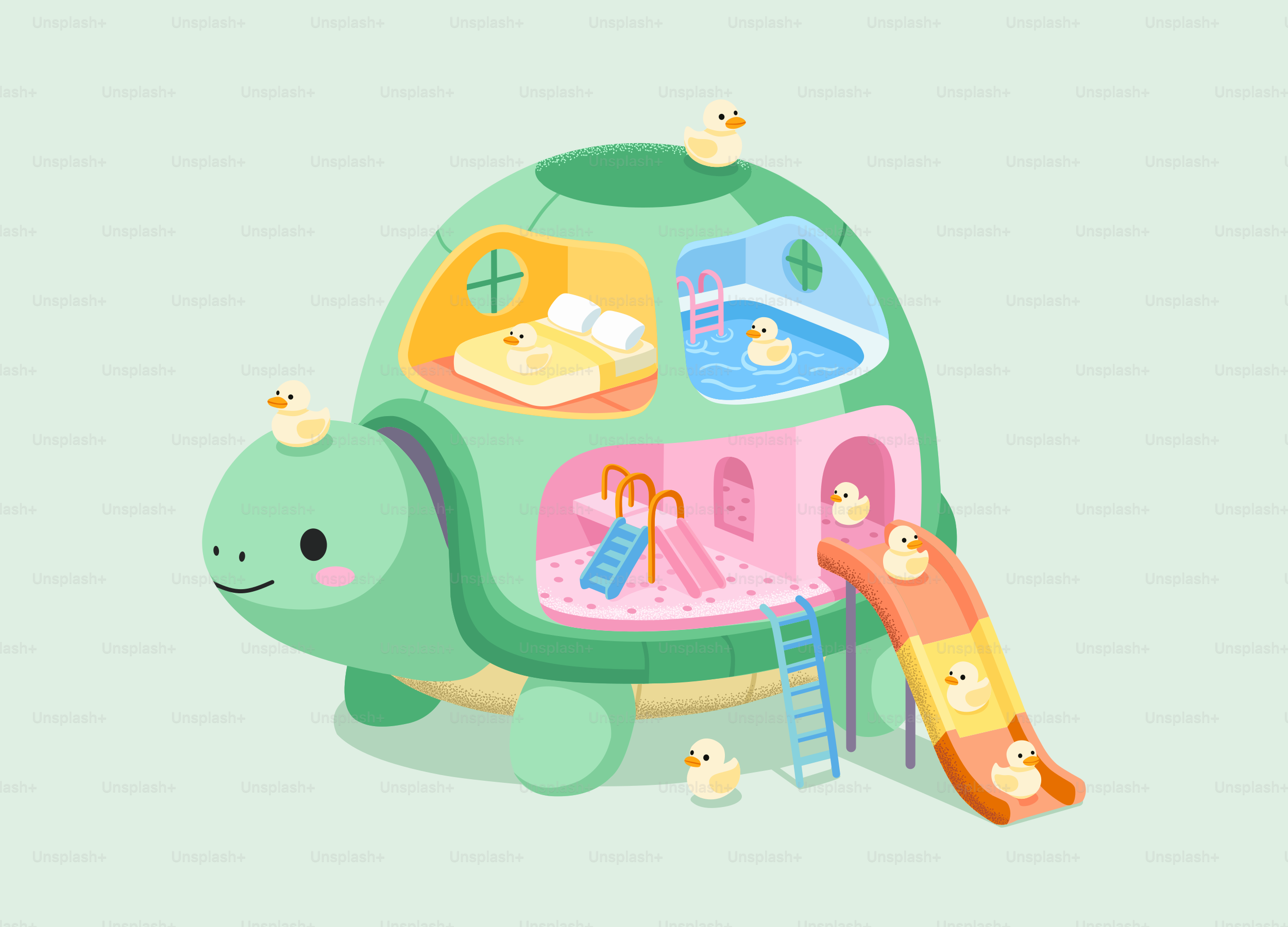滑り台とプール付きのかわいいカメの家