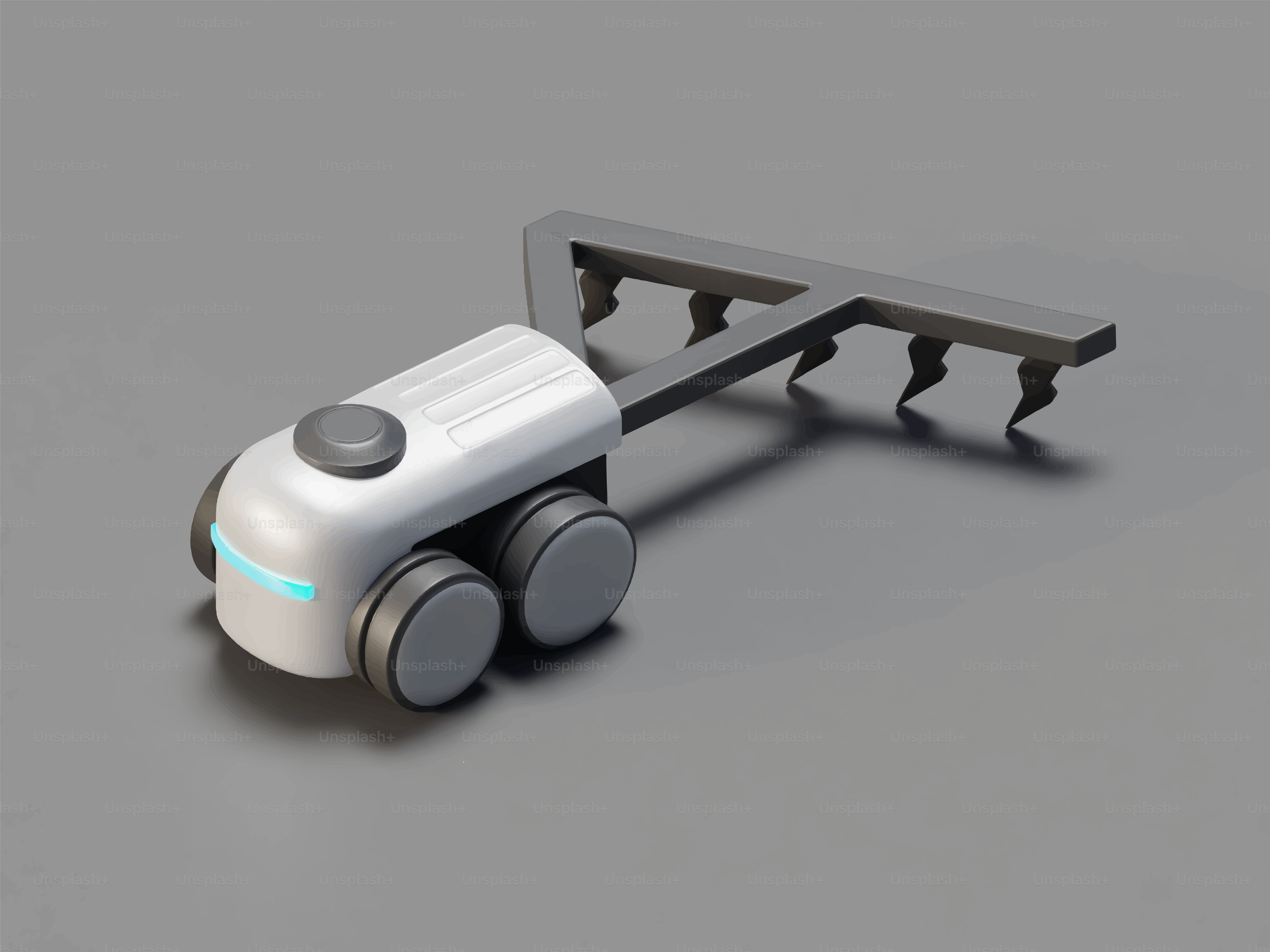 A futuristic robotic tiller on a gray surface.