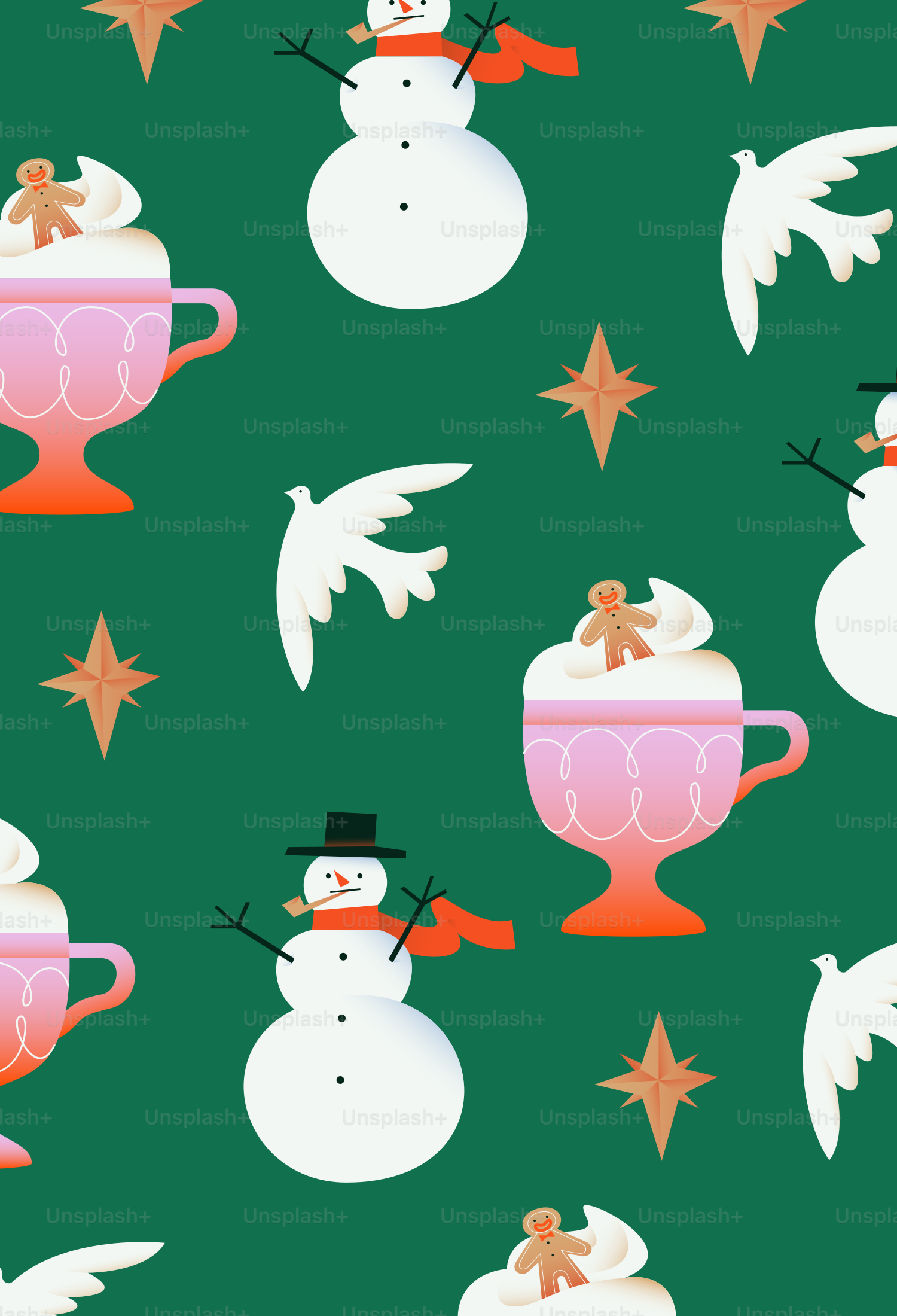 Christmas pattern with snowmen, hot chocolate, and stars