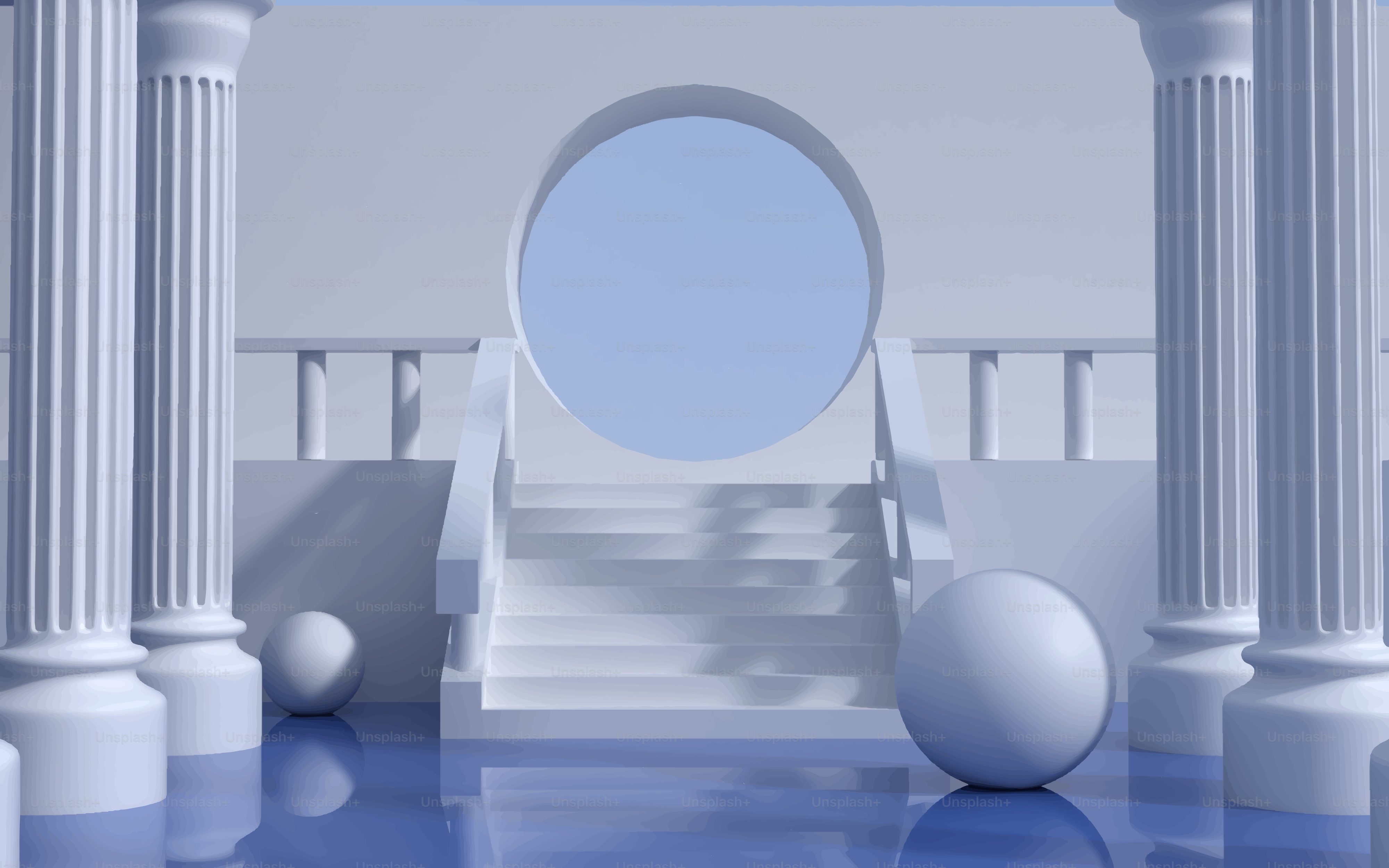 Minimalist white architecture with large eggs and blue water