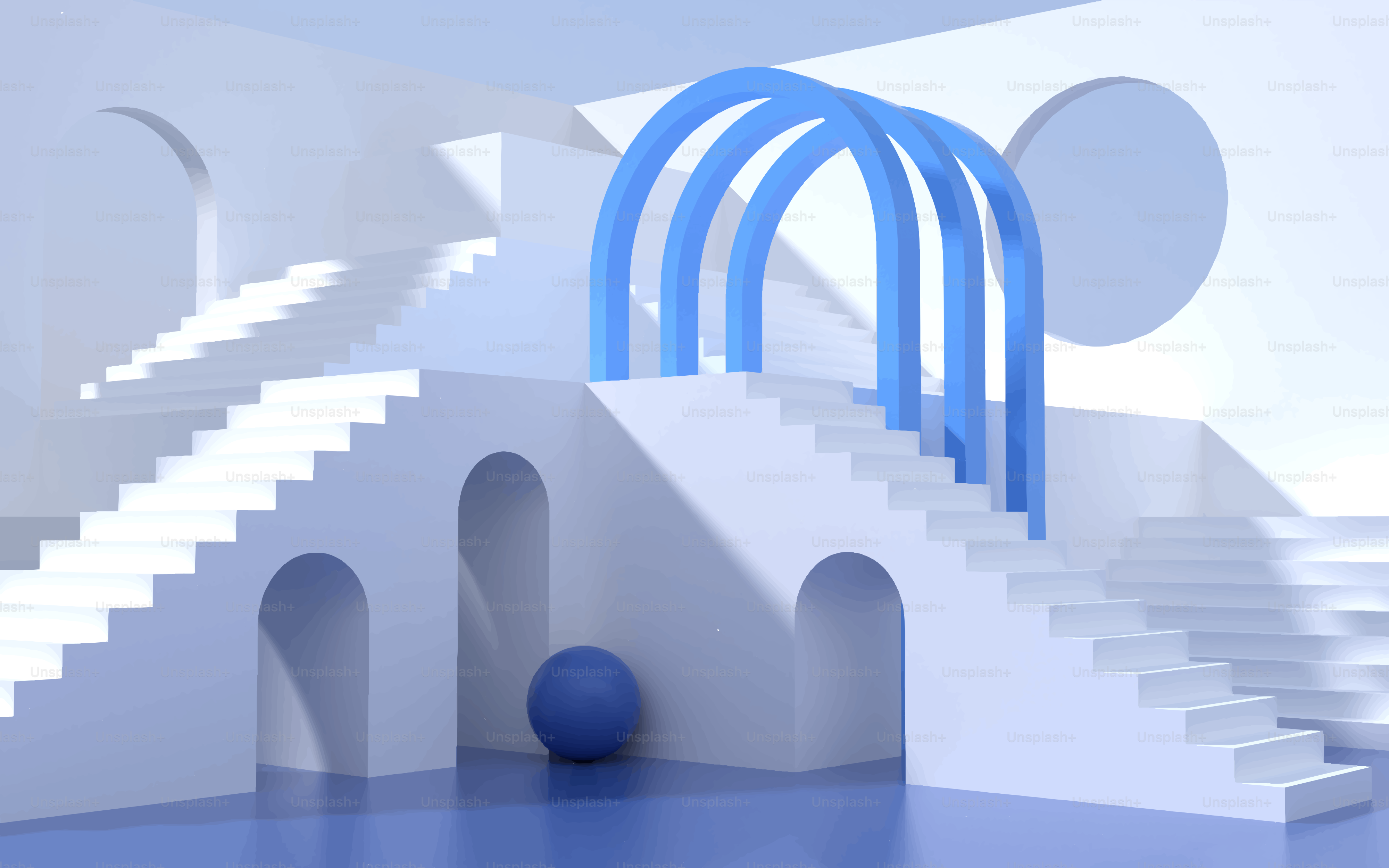 Architecture abstraite avec arc et sphère bleus.