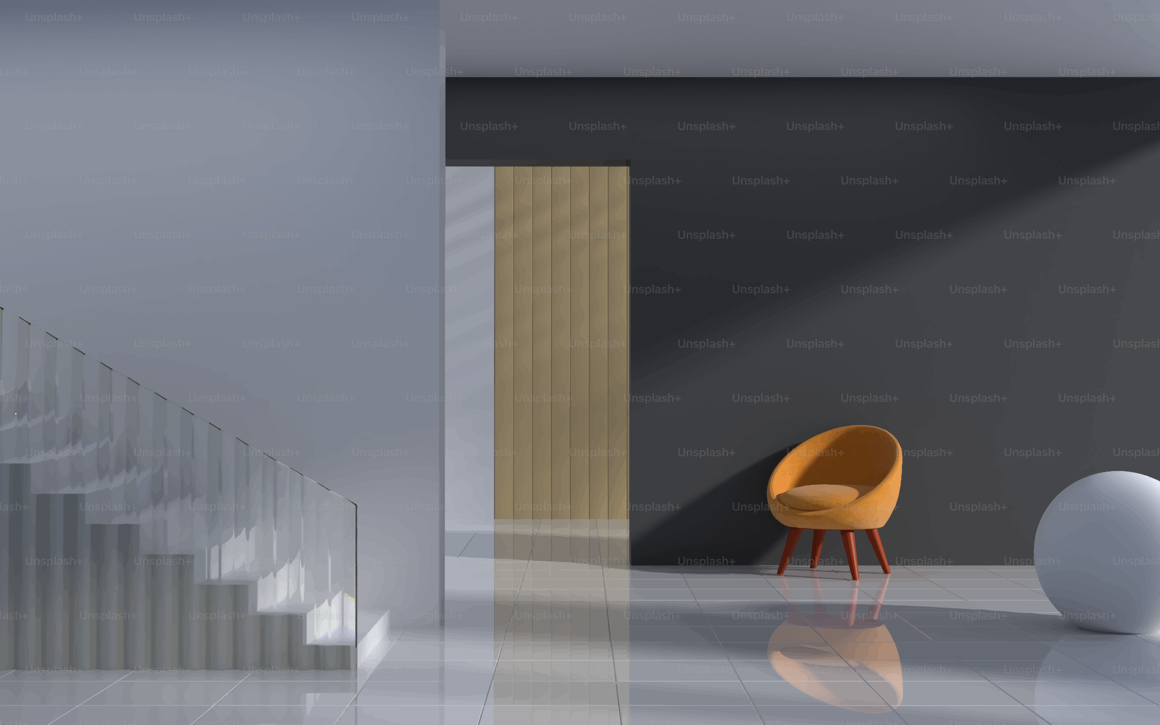 Modern interior with orange chair and stairs.