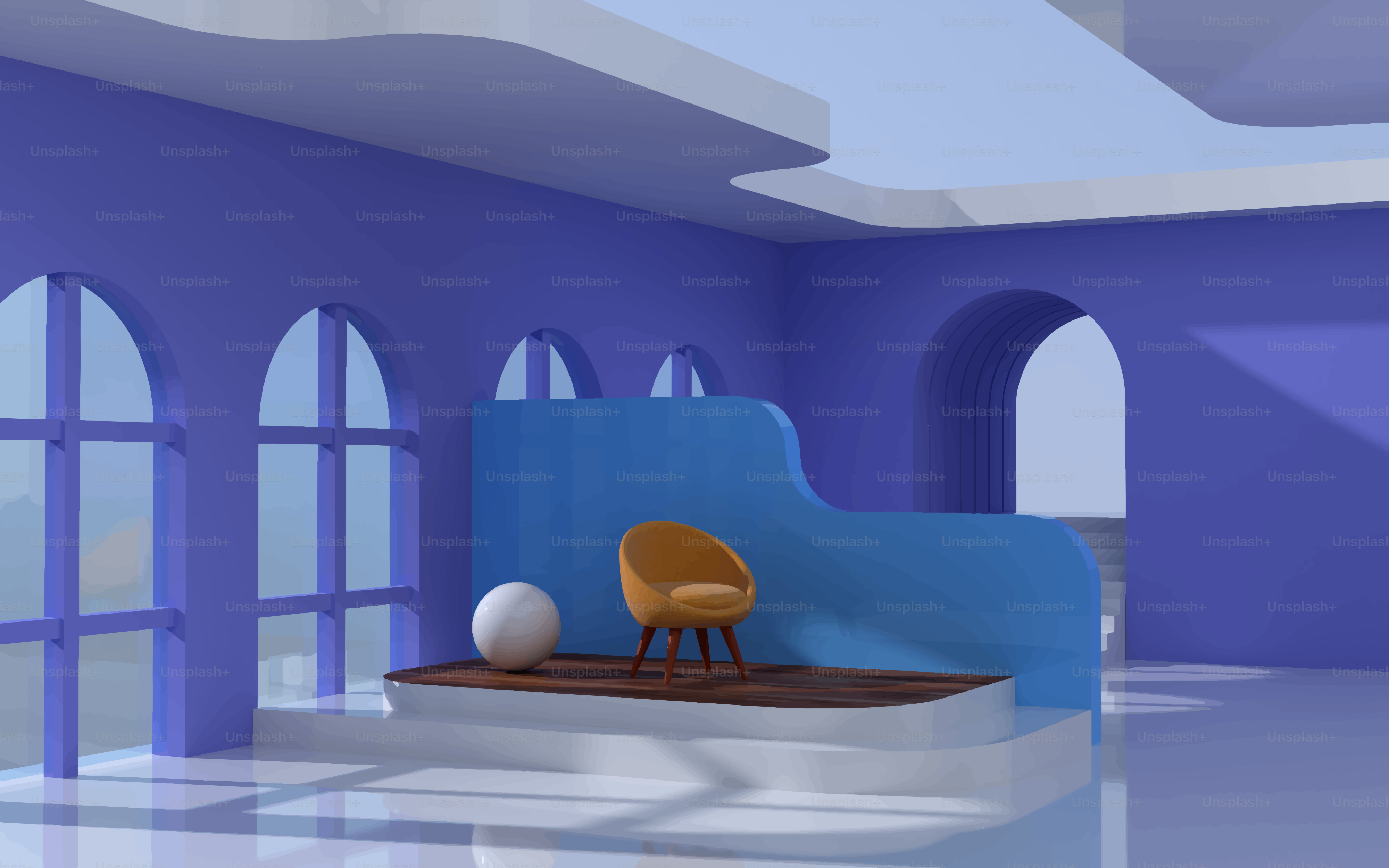 Modern room with blue walls and arched windows.