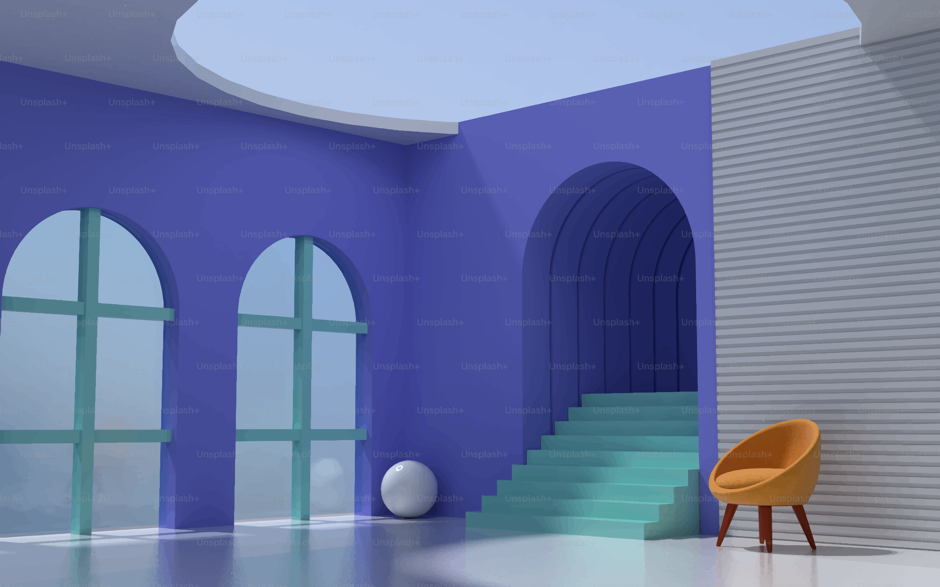 Modern interior with purple walls and teal stairs.