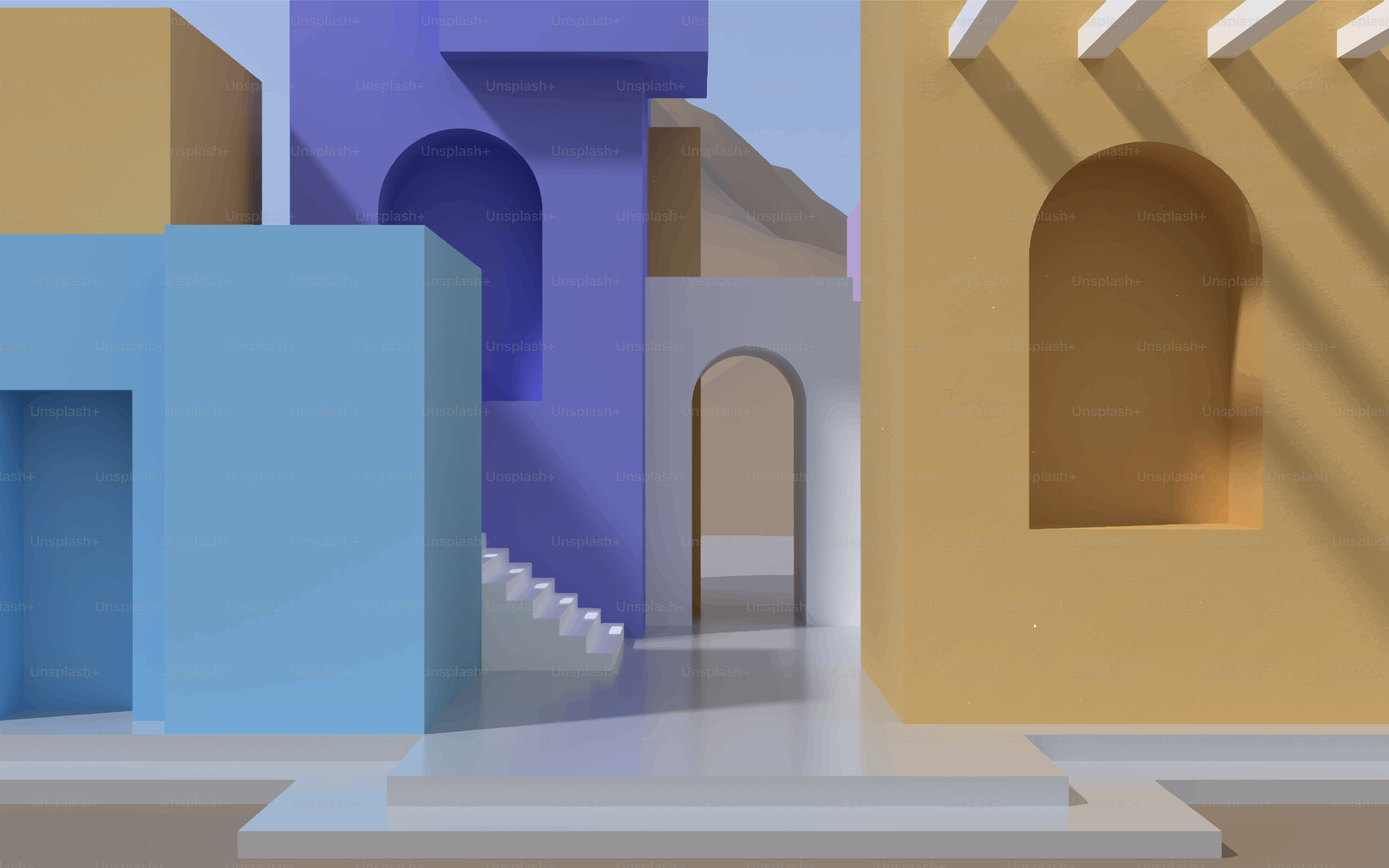 Abstract architectural scene with colorful geometric shapes.