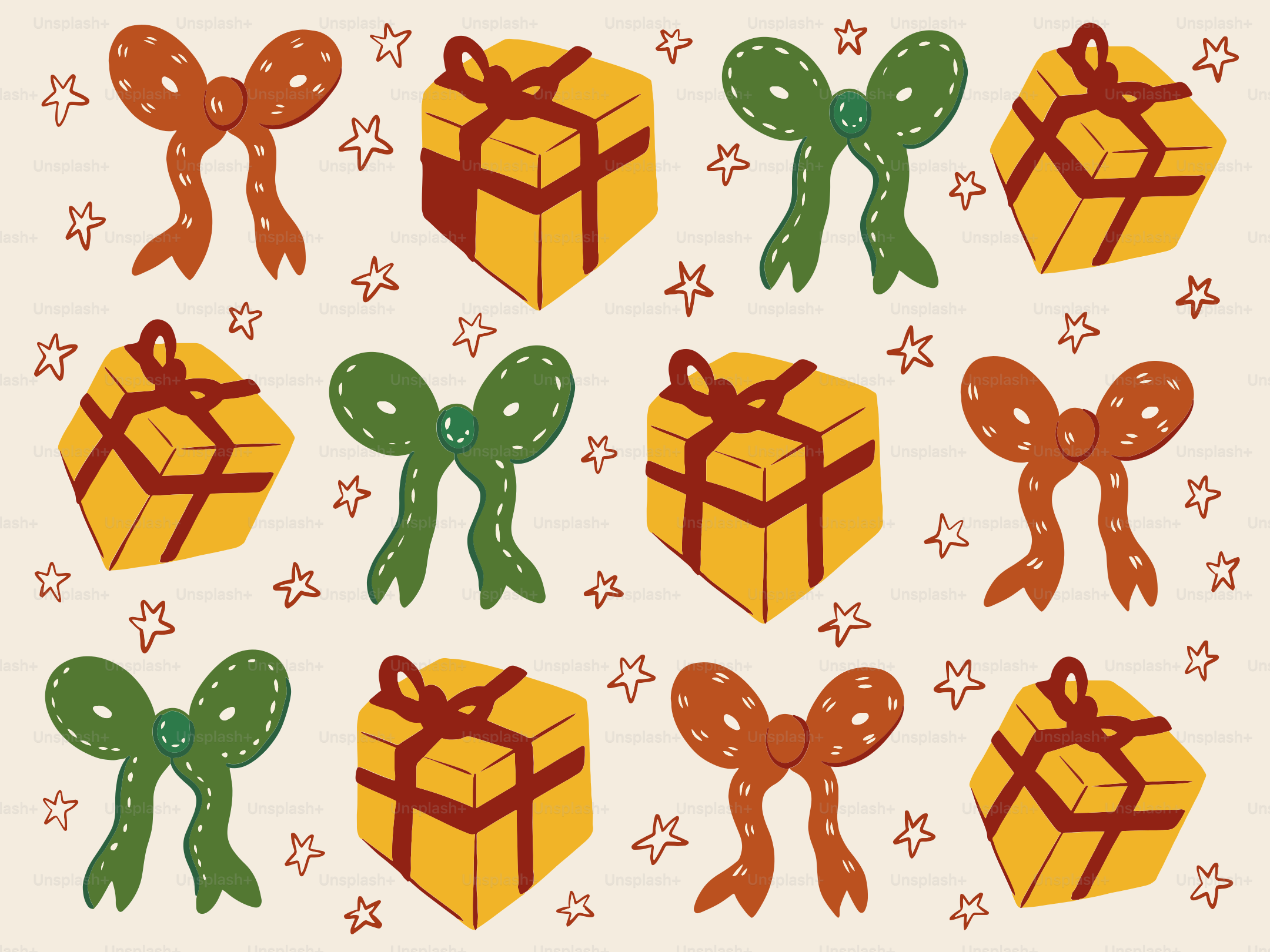 Yellow gift boxes with red ribbon and colorful bows.