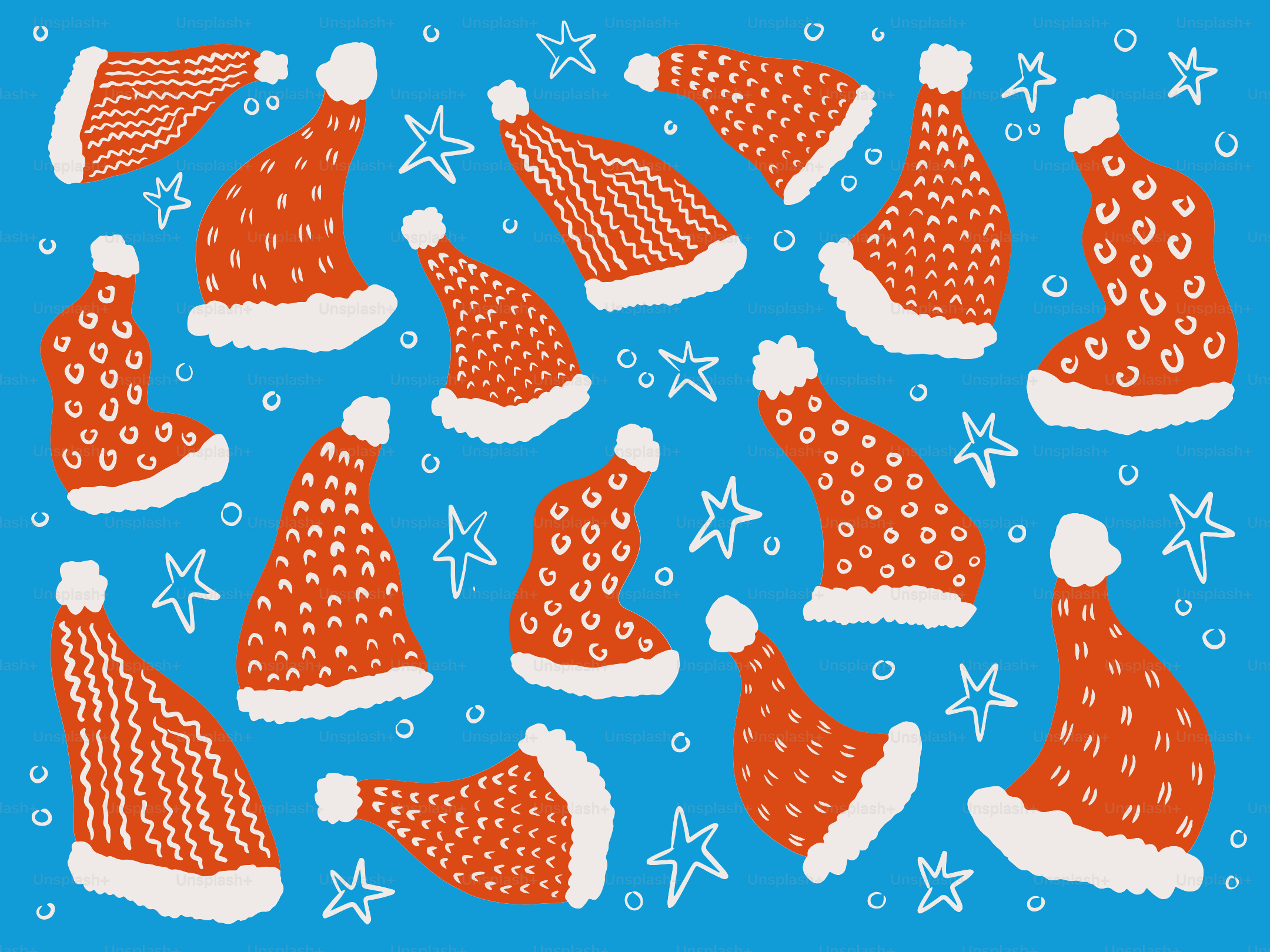Red santa hats with white trim scattered on blue background.