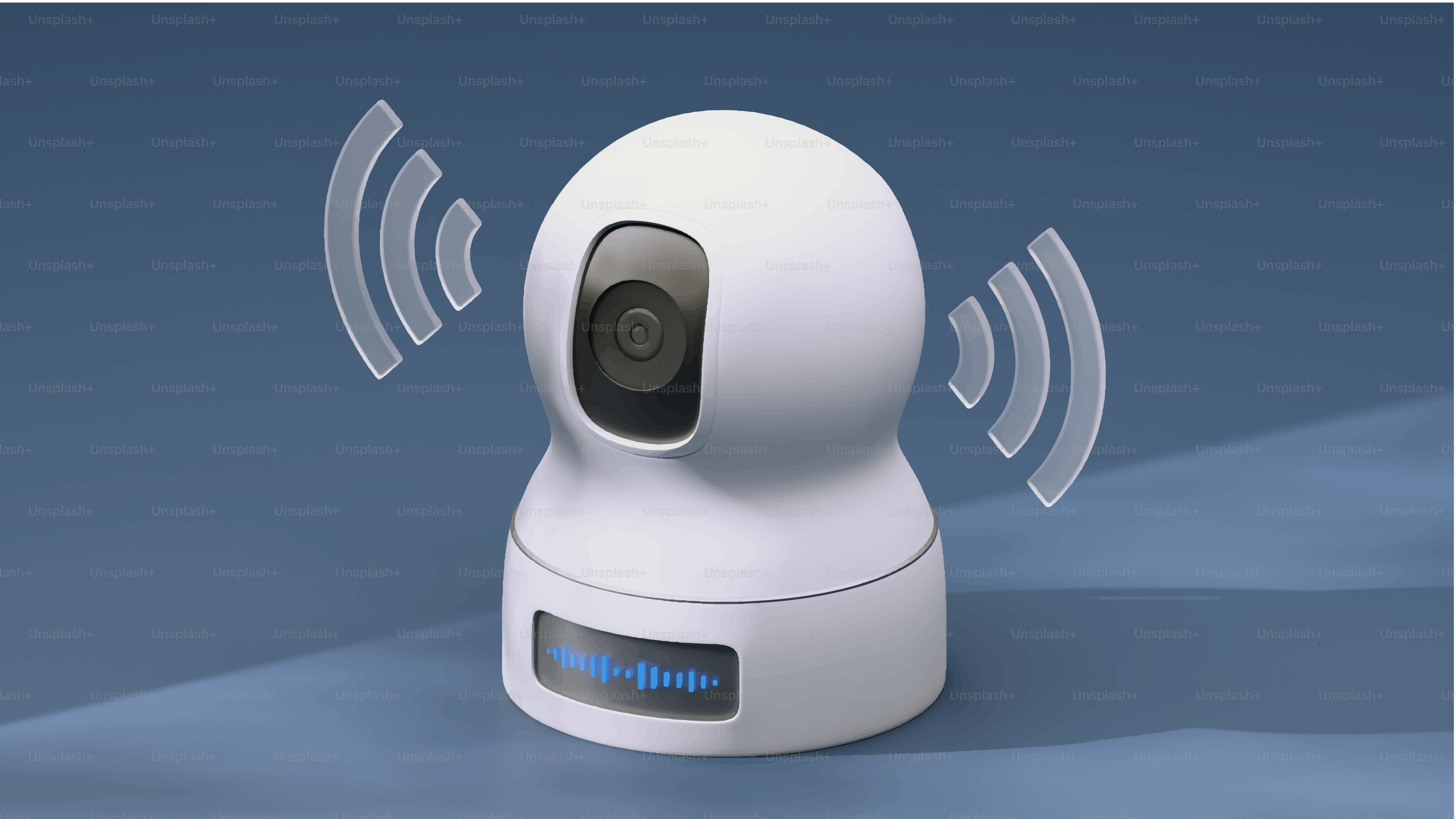 White security camera with wi-fi signal icons.