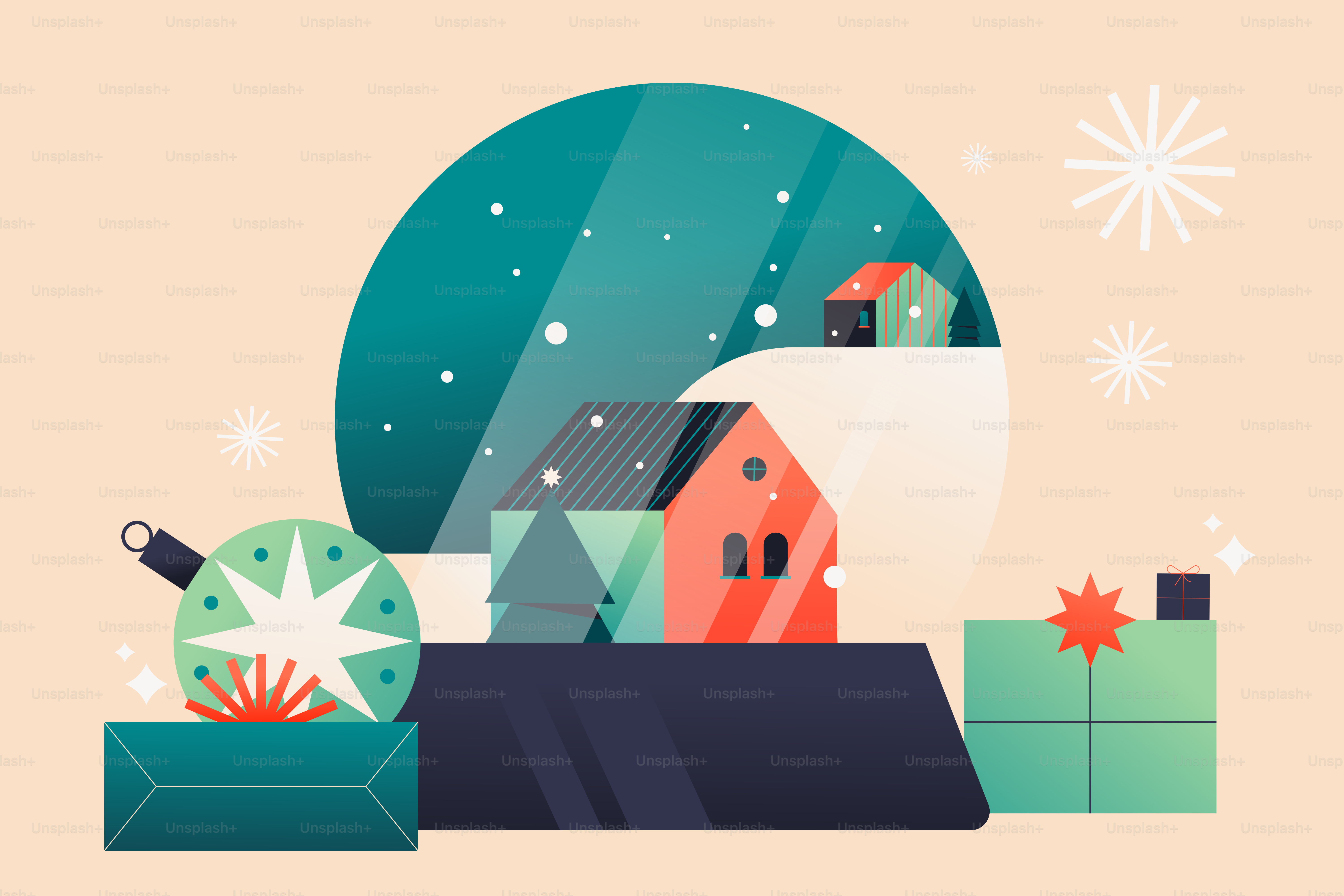 Winter village scene inside a snow globe.