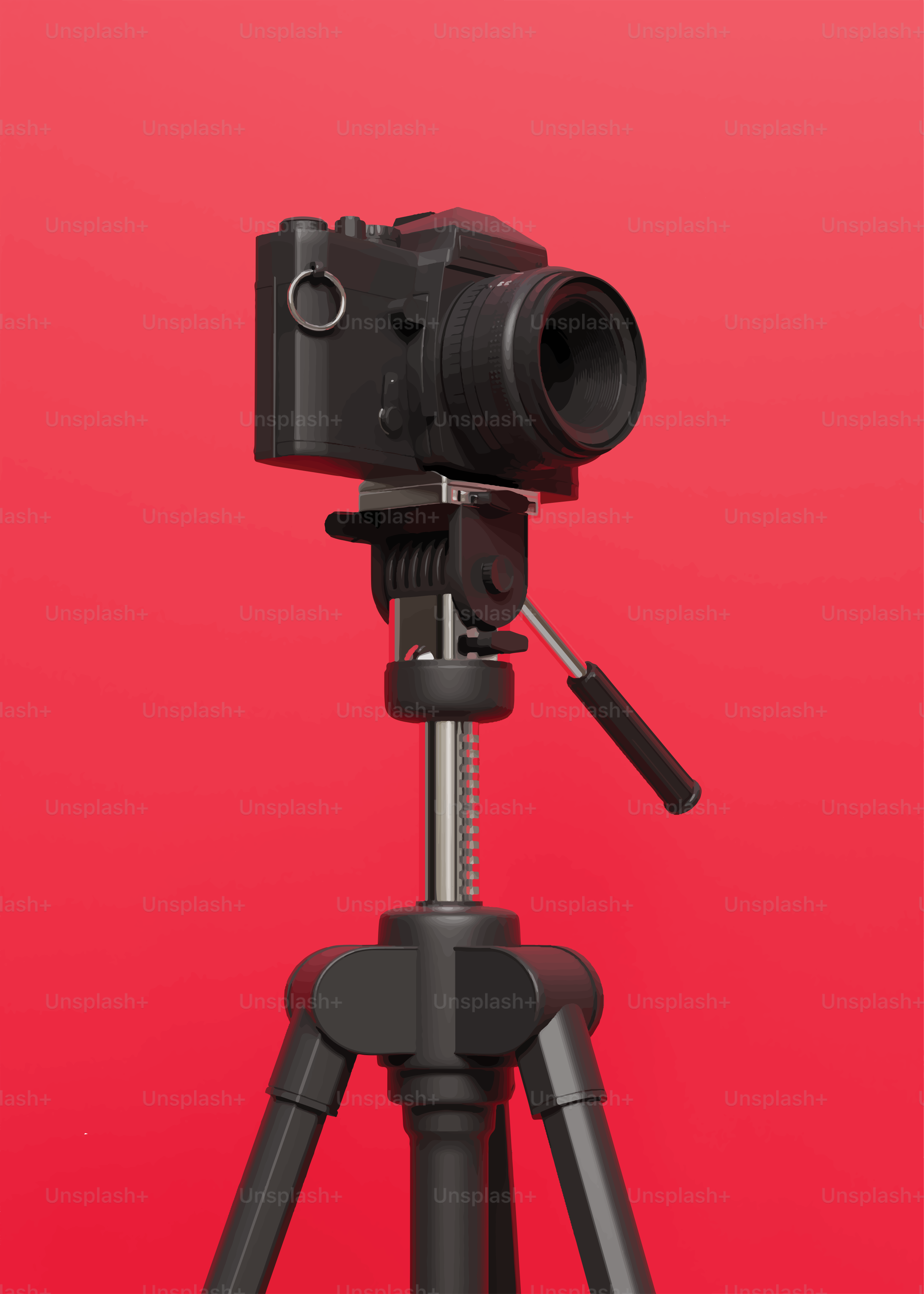 A black camera mounted on a tripod.