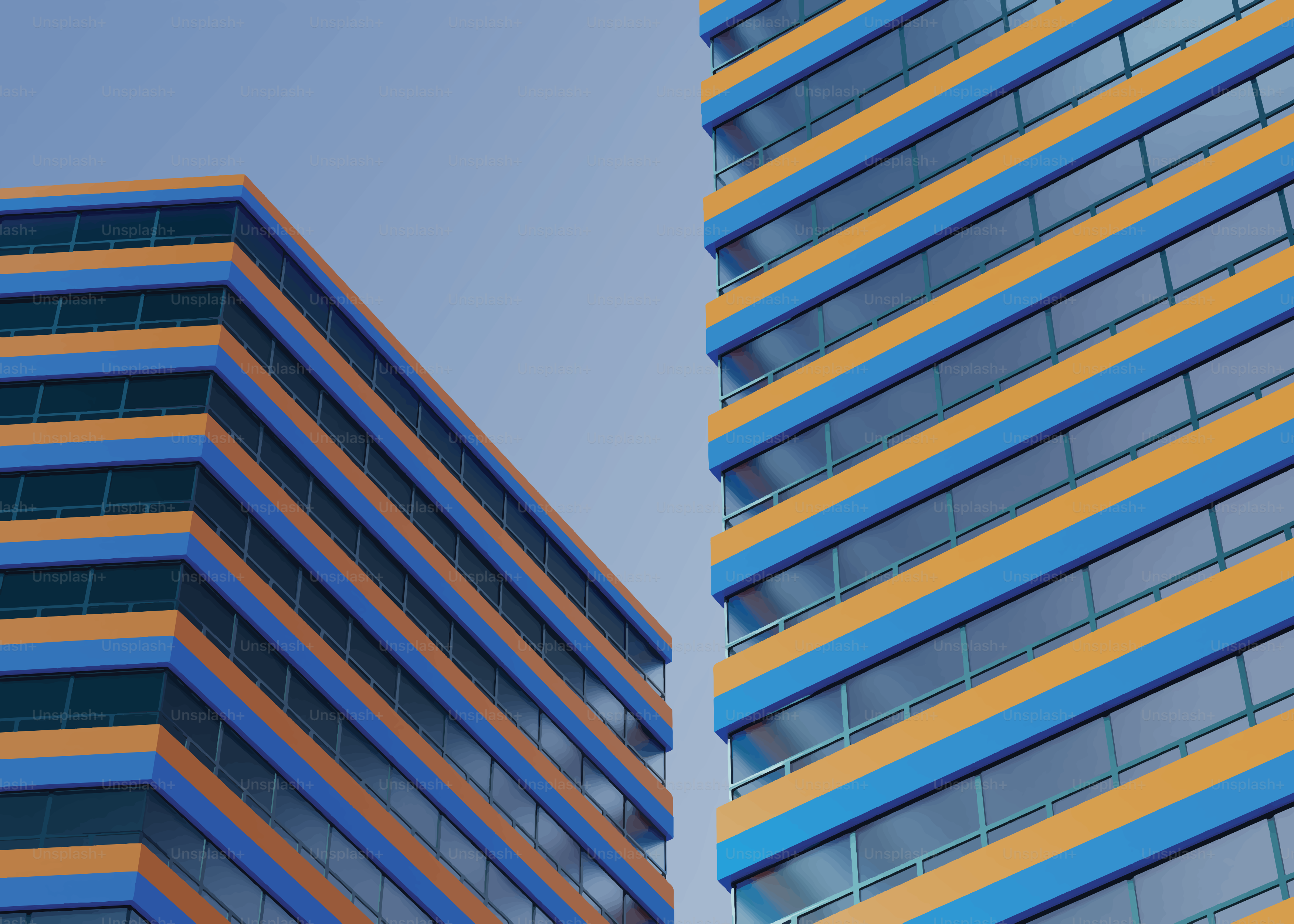 Edifícios modernos com fachadas listradas de azul e laranja.