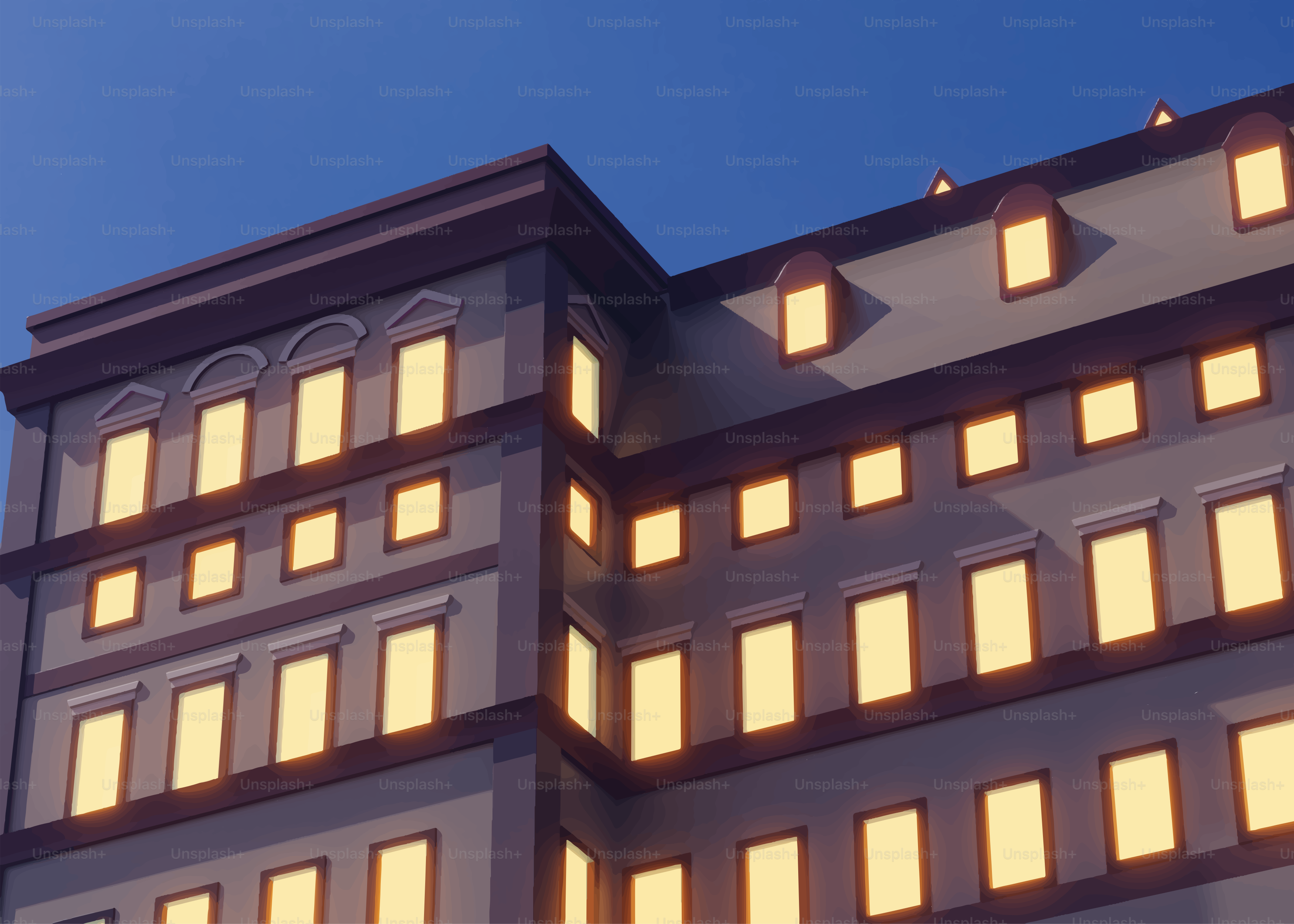 Esterno dell'edificio con finestre illuminate al crepuscolo