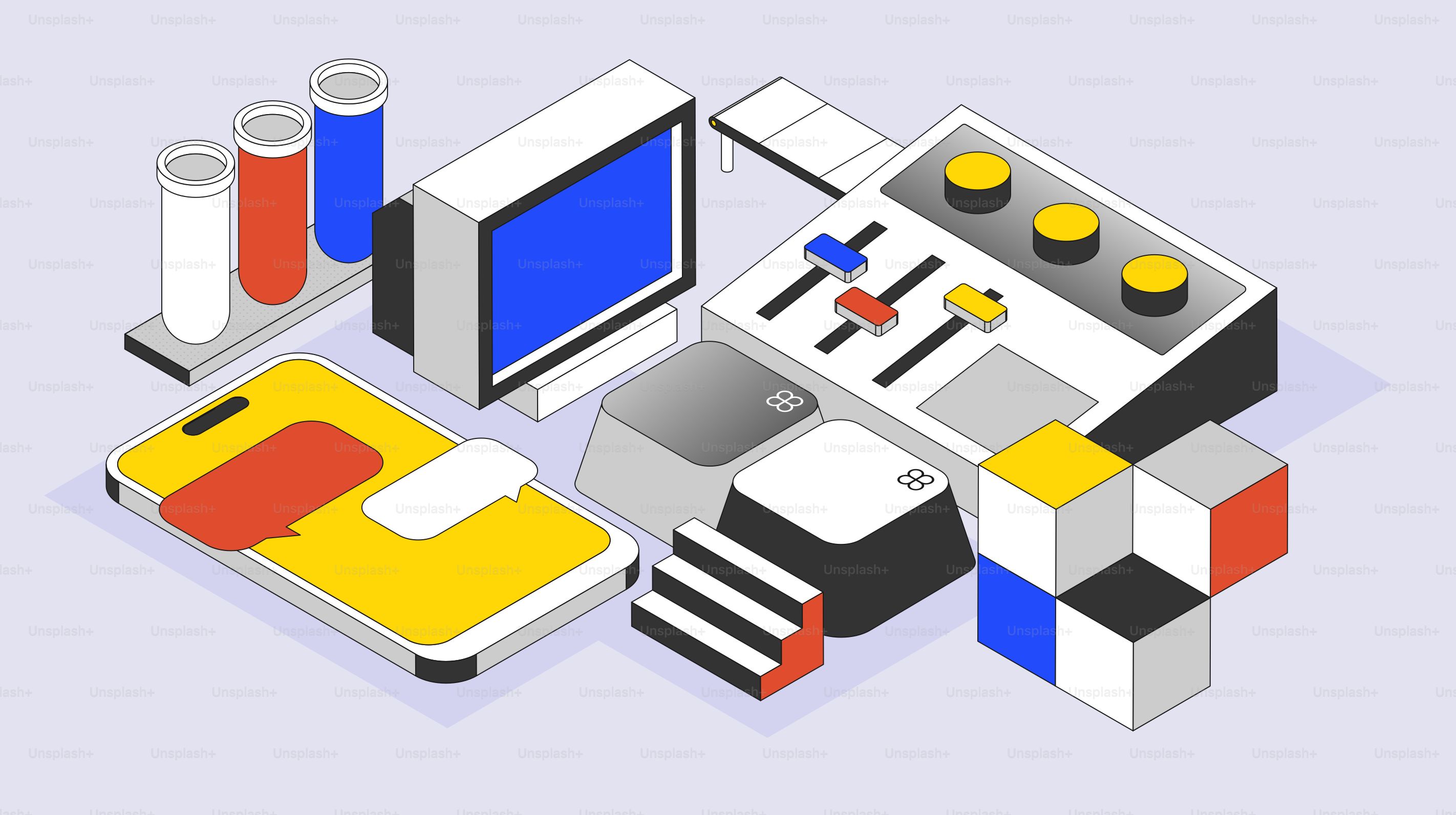 Isometric arrangement of technology and science objects.