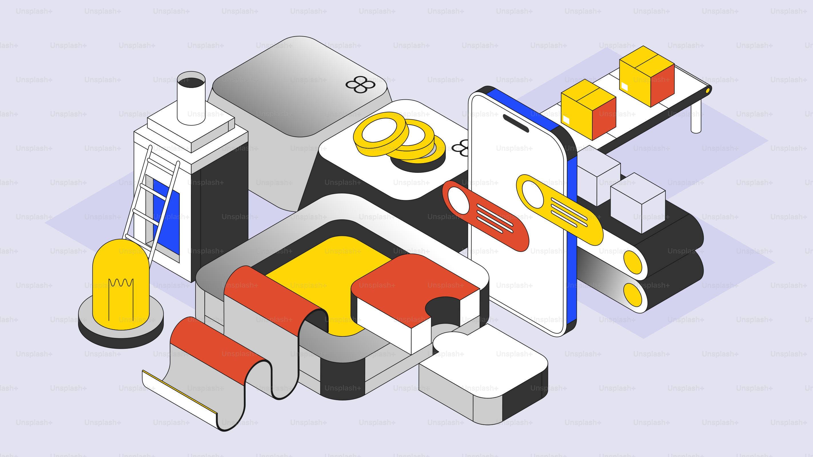 Abstract isometric rendering of financial technology elements.