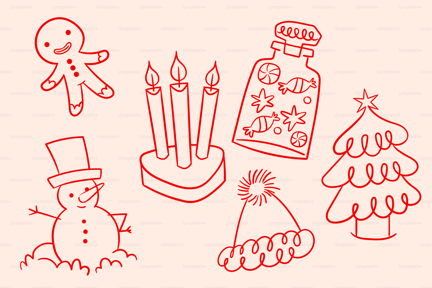 Christmas doodles: gingerbread man, snowman, tree, candles, hat, candy jar