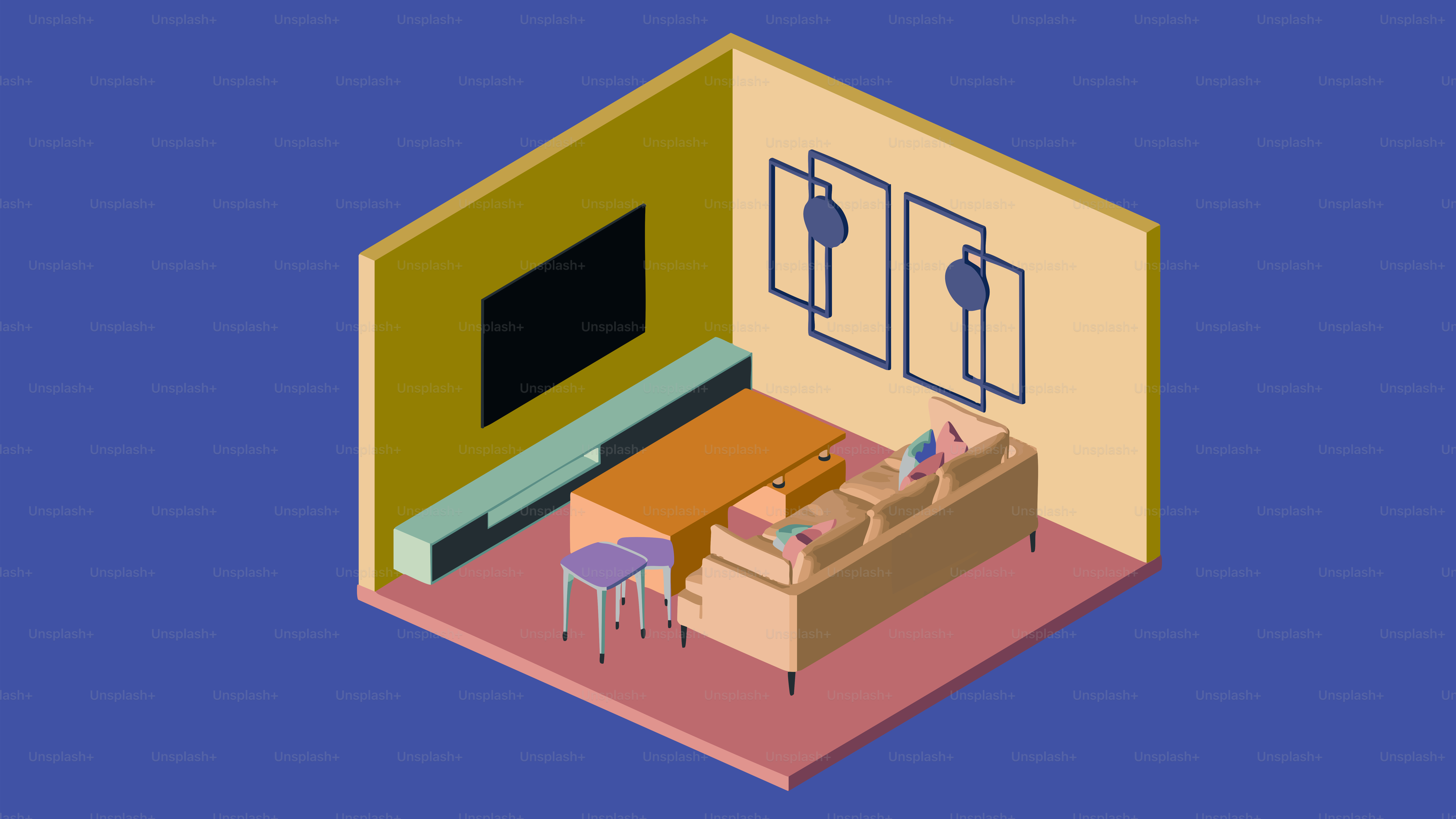 モダンなリビングルームのインテリアのアイソメトリックビュー。